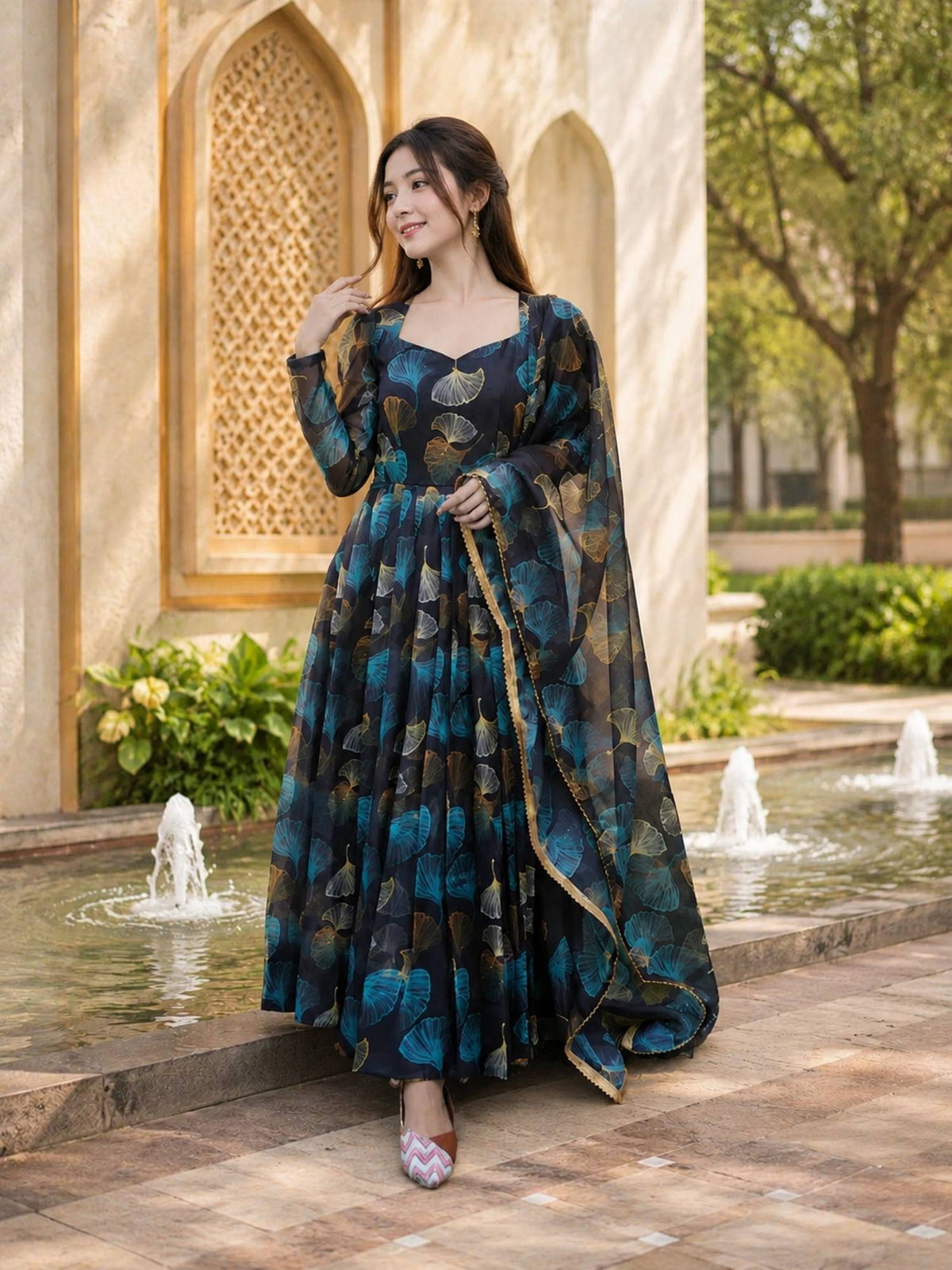 Blue Georgette Floral Gown with Dupatta | D56 - view 1