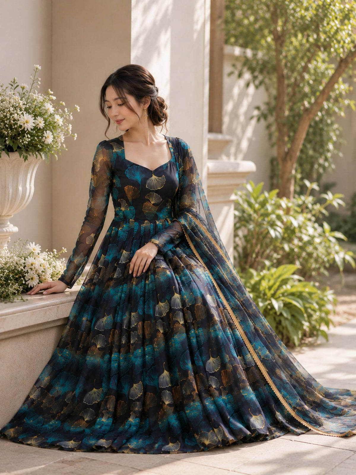 Blue Georgette Floral Gown with Dupatta | D56 - view 2