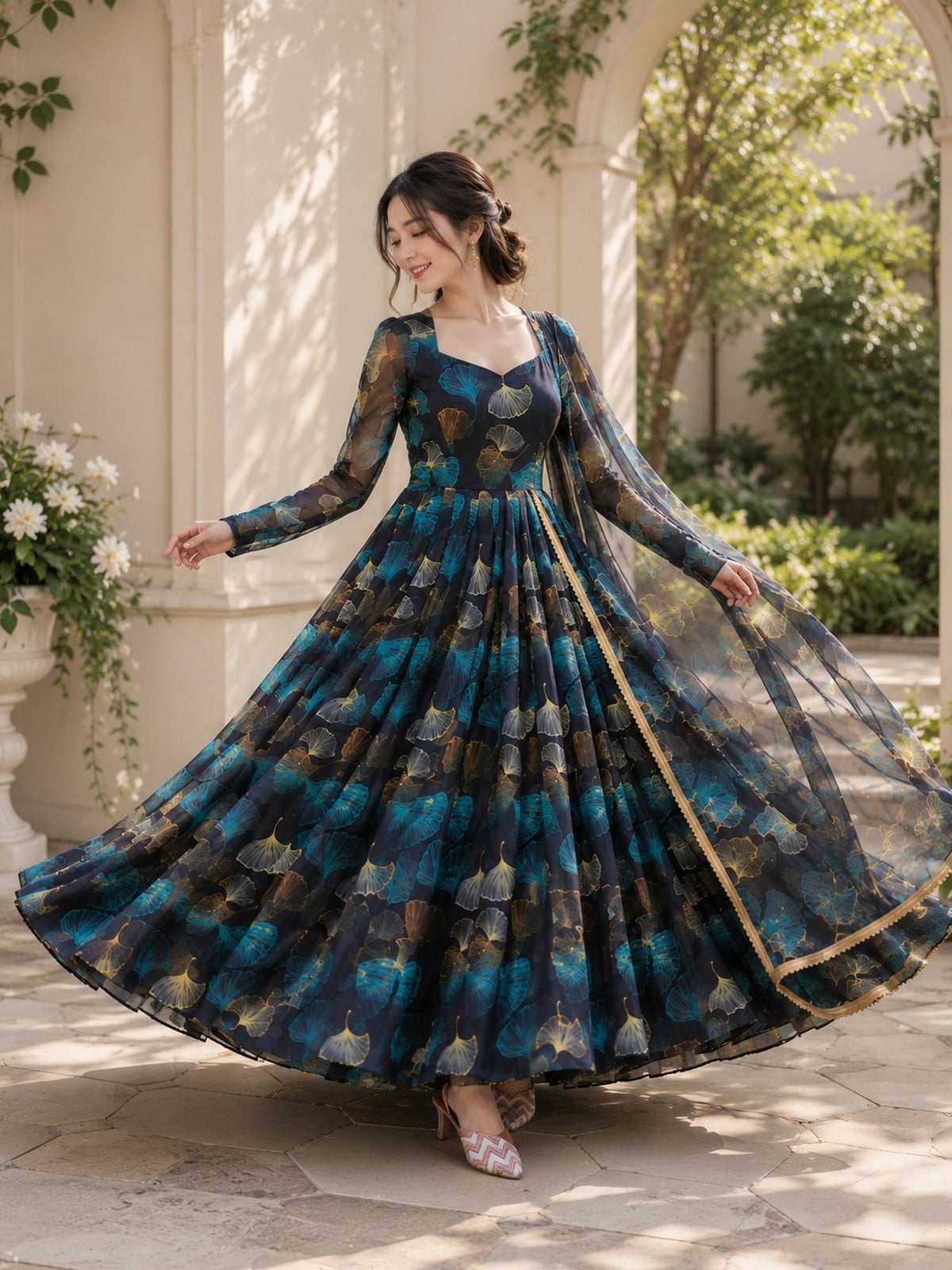 Blue Georgette Floral Gown with Dupatta | D56 - view 3