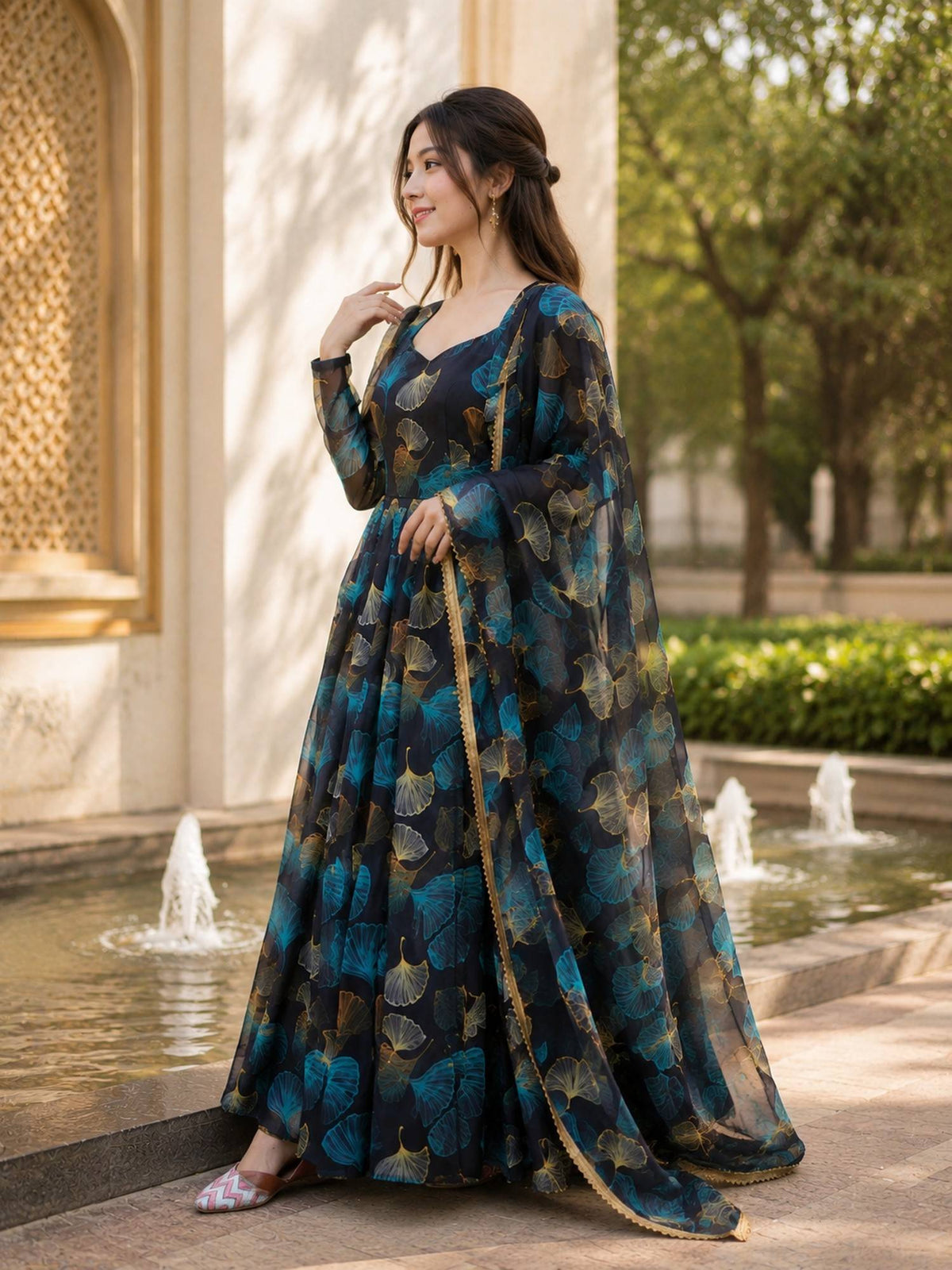 Blue Georgette Floral Gown with Dupatta | D56 - view 4