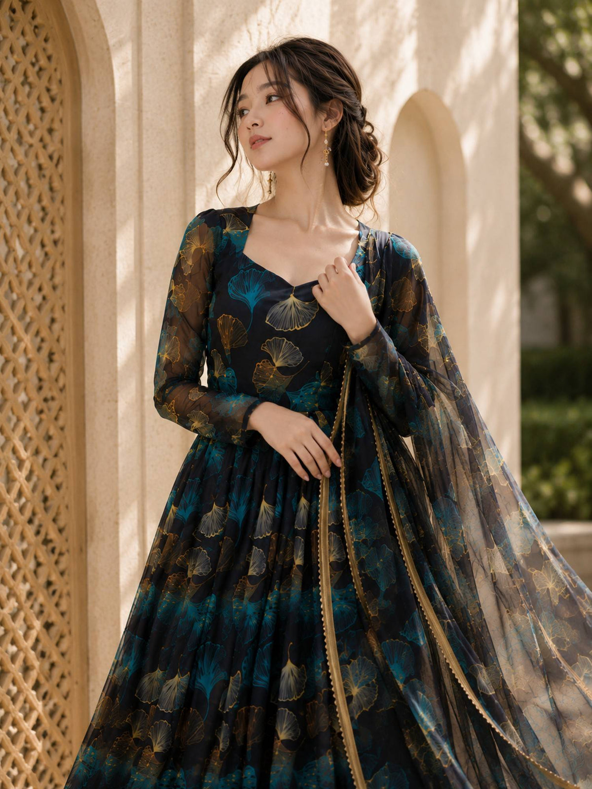Blue Georgette Floral Gown with Dupatta | D56 - view 5