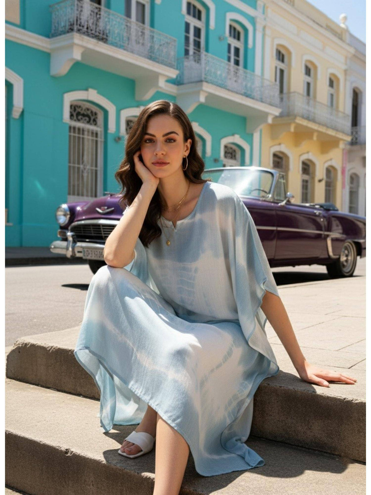 Women Handcrafted Tie-Dye Rayon Crepe Kaftan Dress - Grey | D56 - view 1