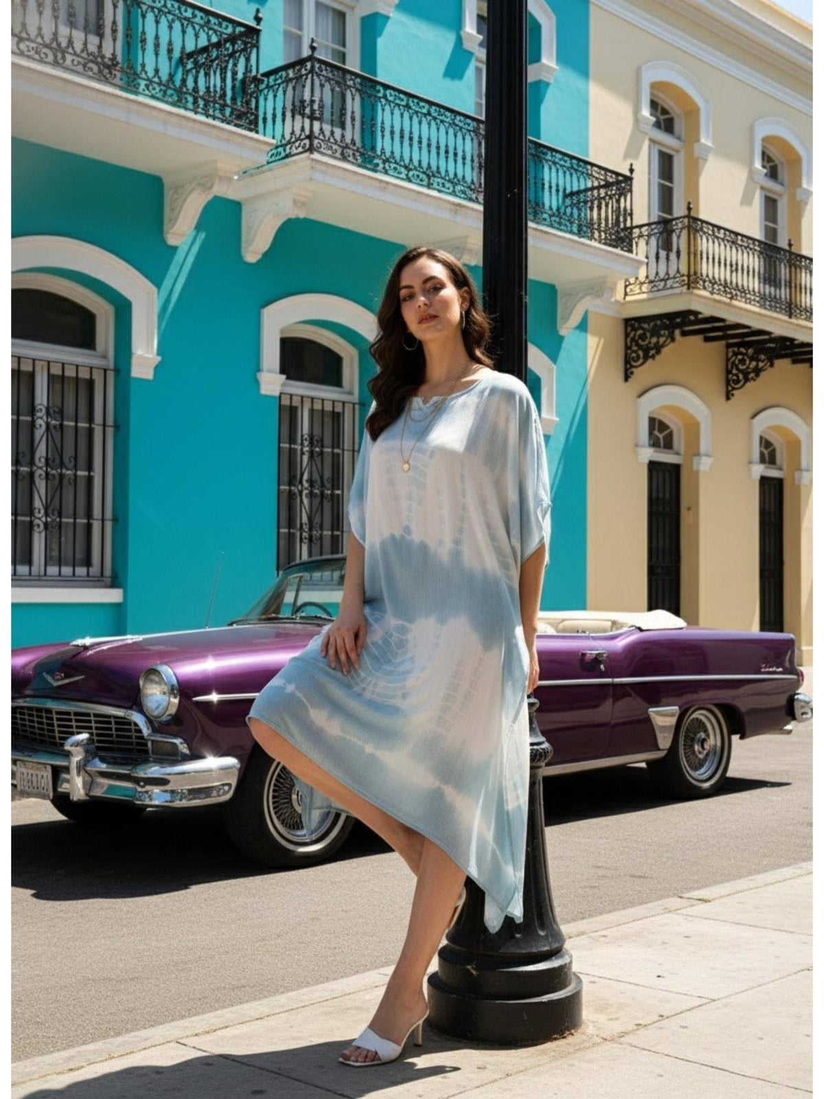 Women Handcrafted Tie-Dye Rayon Crepe Kaftan Dress - Grey | D56 - view 2
