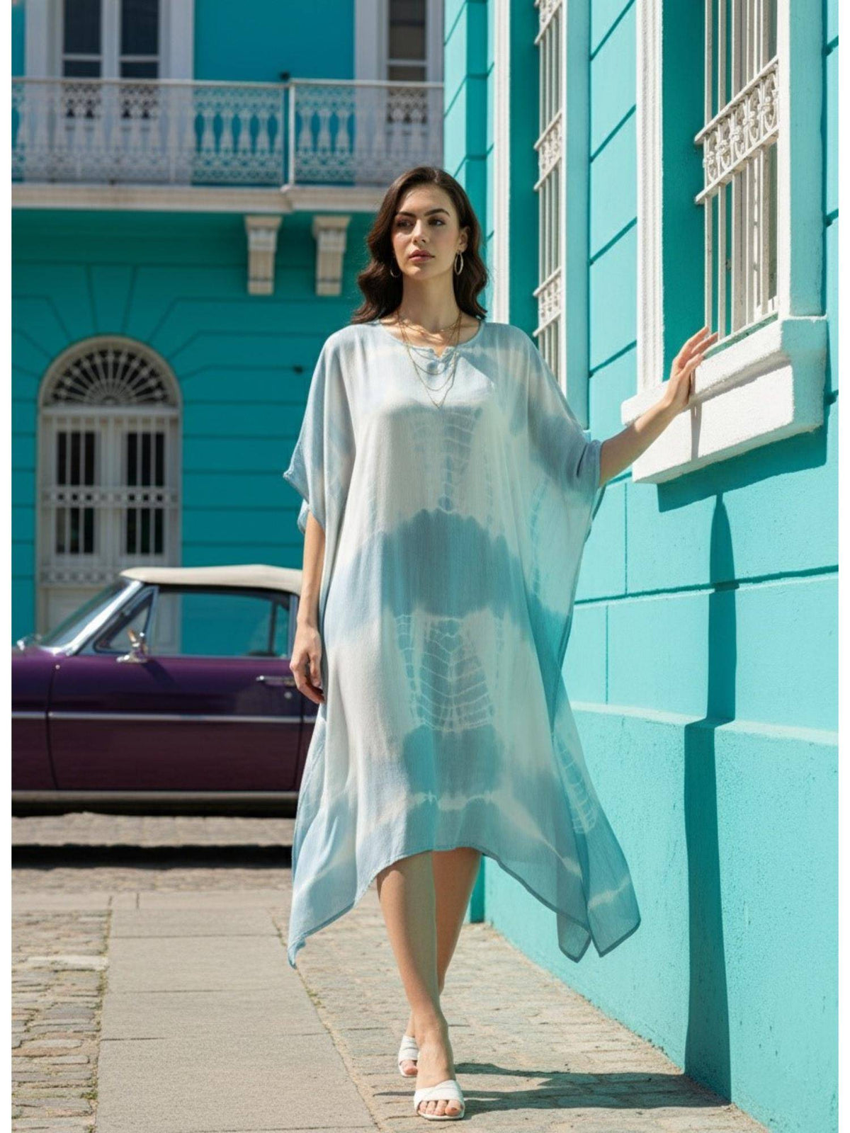 Women Handcrafted Tie-Dye Rayon Crepe Kaftan Dress - Grey | D56 - view 3