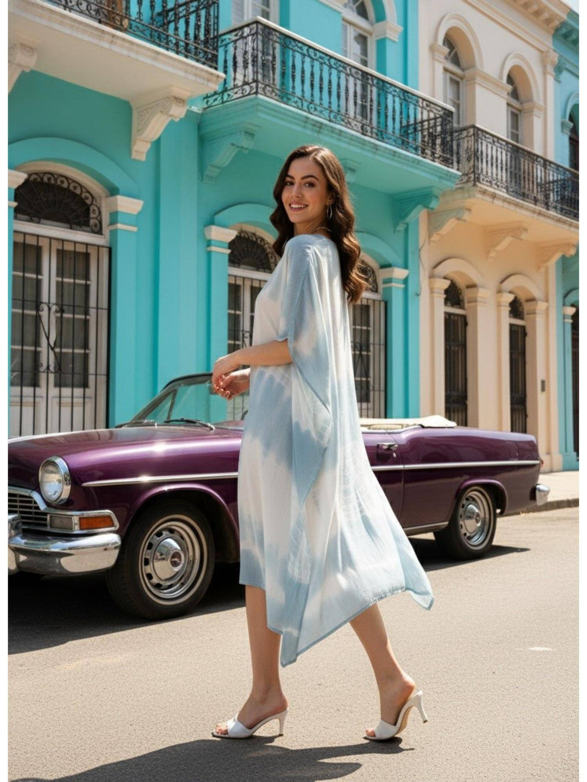 Women Handcrafted Tie-Dye Rayon Crepe Kaftan Dress - Grey | D56 - view 5