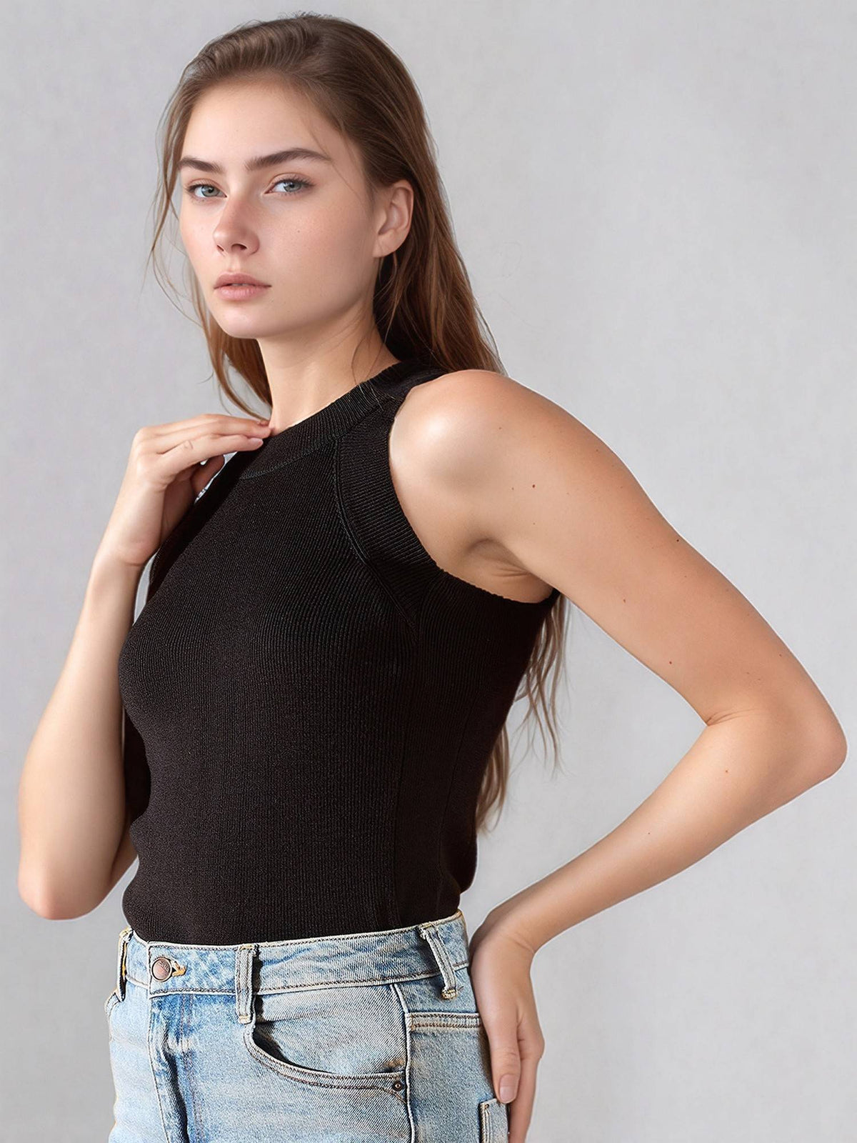 Women Solid Sleeveless Ribbed Fitted Off White Tank Top | TT98 - view 23