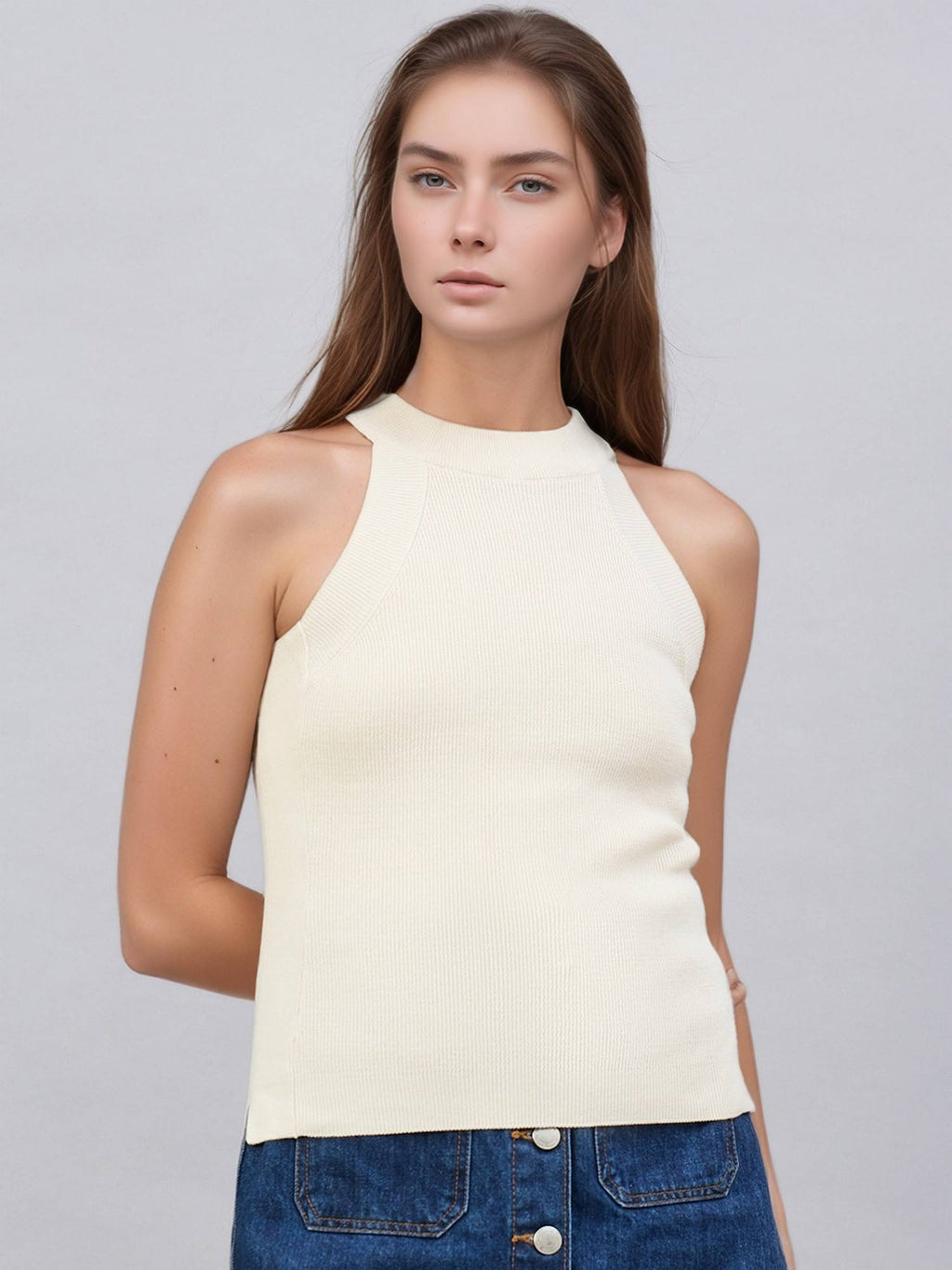 Women Solid Sleeveless Ribbed Fitted Off White Tank Top | TT98 - view 1
