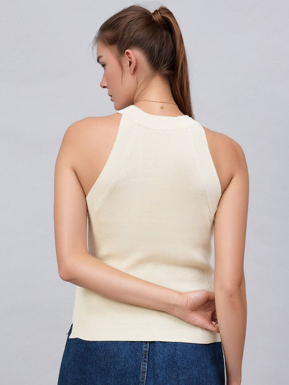 Women Solid Sleeveless Ribbed Fitted Off White Tank Top | TT98 - view 2