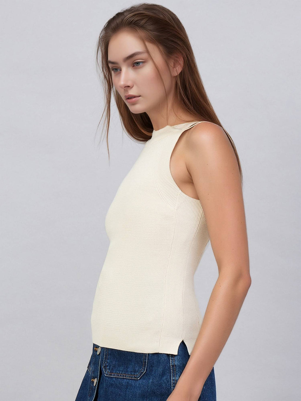 Women Solid Sleeveless Ribbed Fitted Off White Tank Top | TT98 - view 3