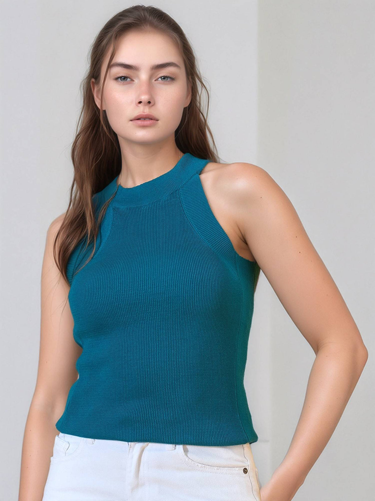 Women Solid Sleeveless Ribbed Fitted Off White Tank Top | TT98 - view 31