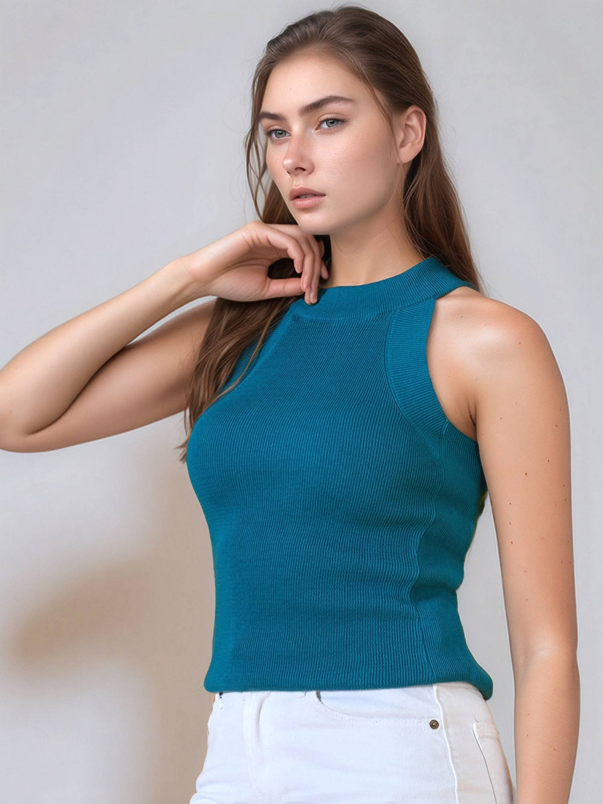 Women Solid Sleeveless Ribbed Fitted Off White Tank Top | TT98 - view 33