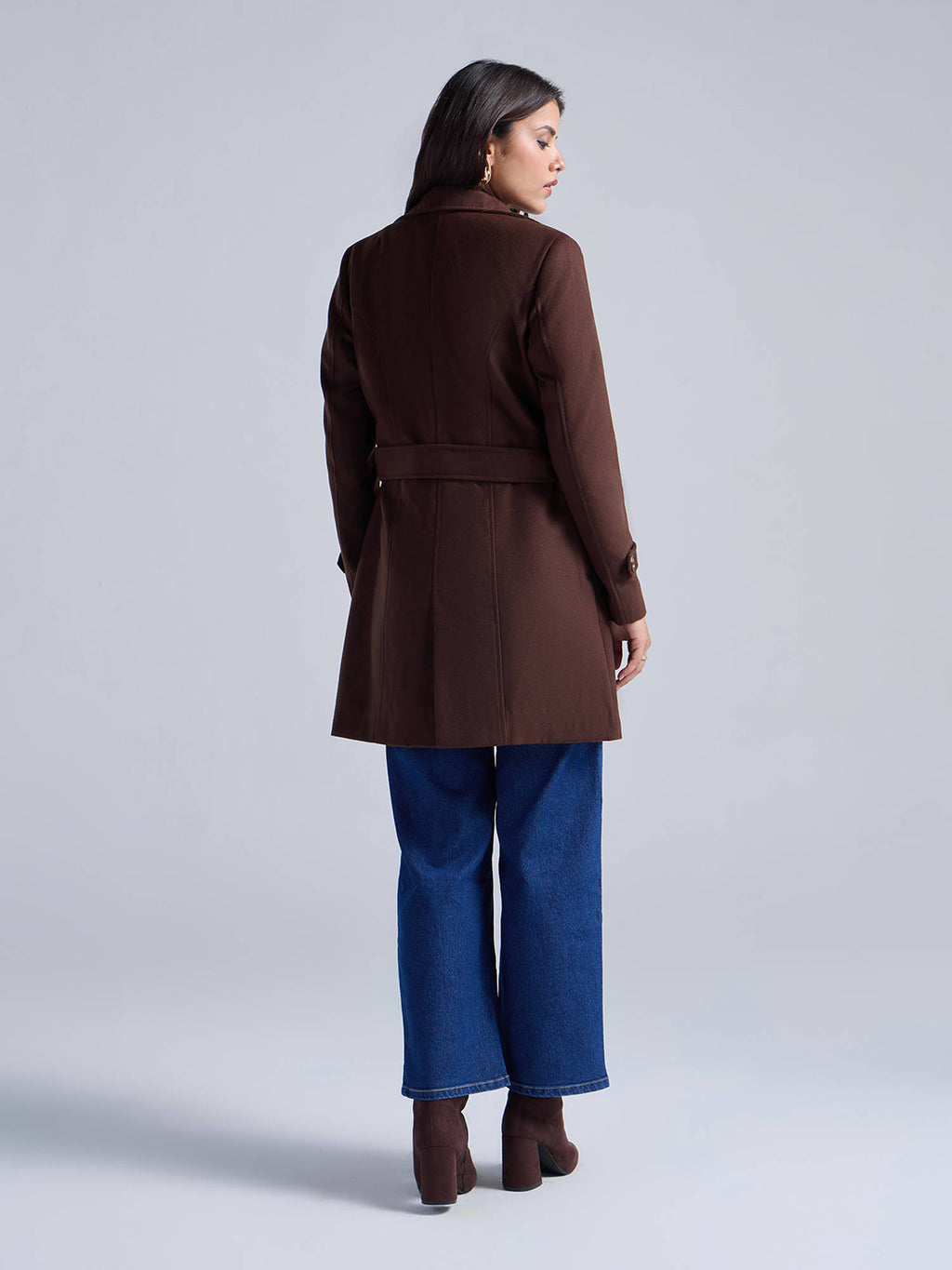 Dark Brown Solid High Neck Long Overcoat with Belt | JC78 - view 2