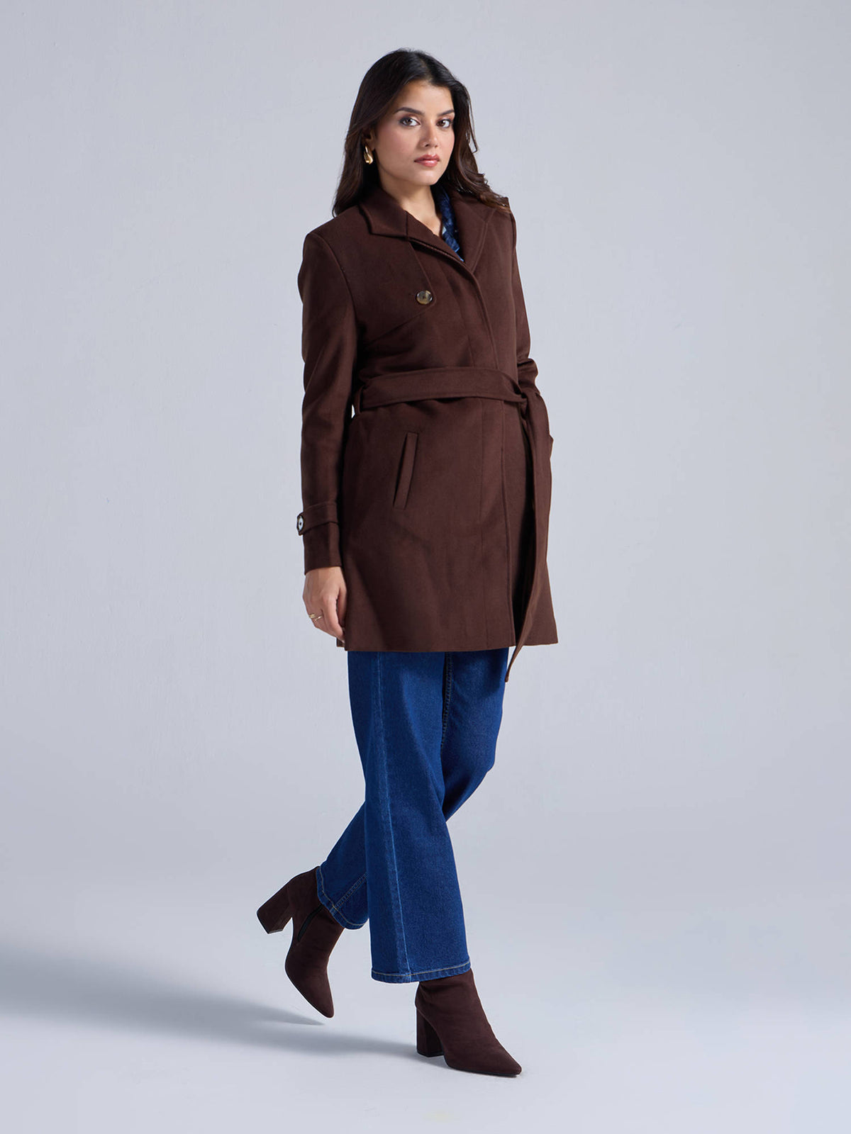 Dark Brown Solid High Neck Long Overcoat with Belt | JC78 - view 3