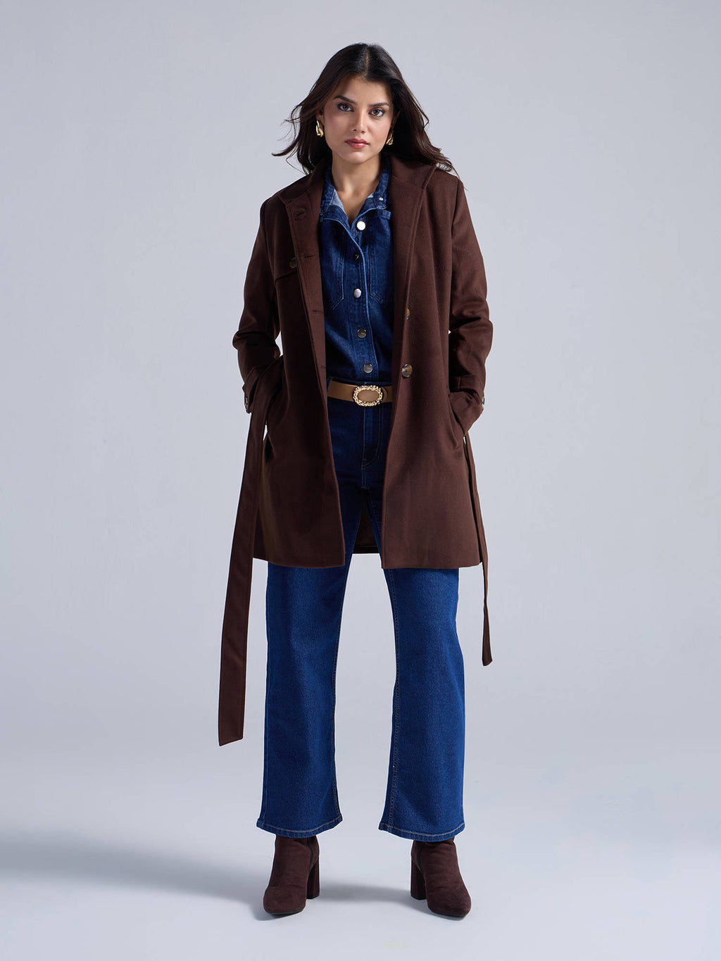Dark Brown Solid High Neck Long Overcoat with Belt | JC78 - view 4