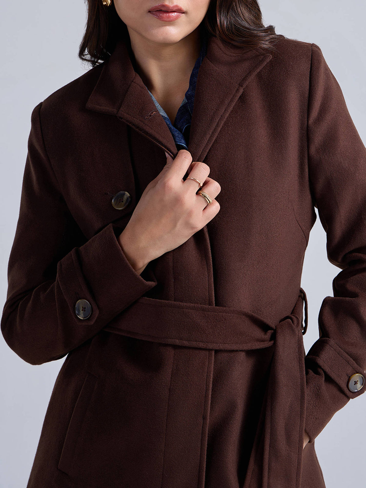 Dark Brown Solid High Neck Long Overcoat with Belt | JC78 - view 5