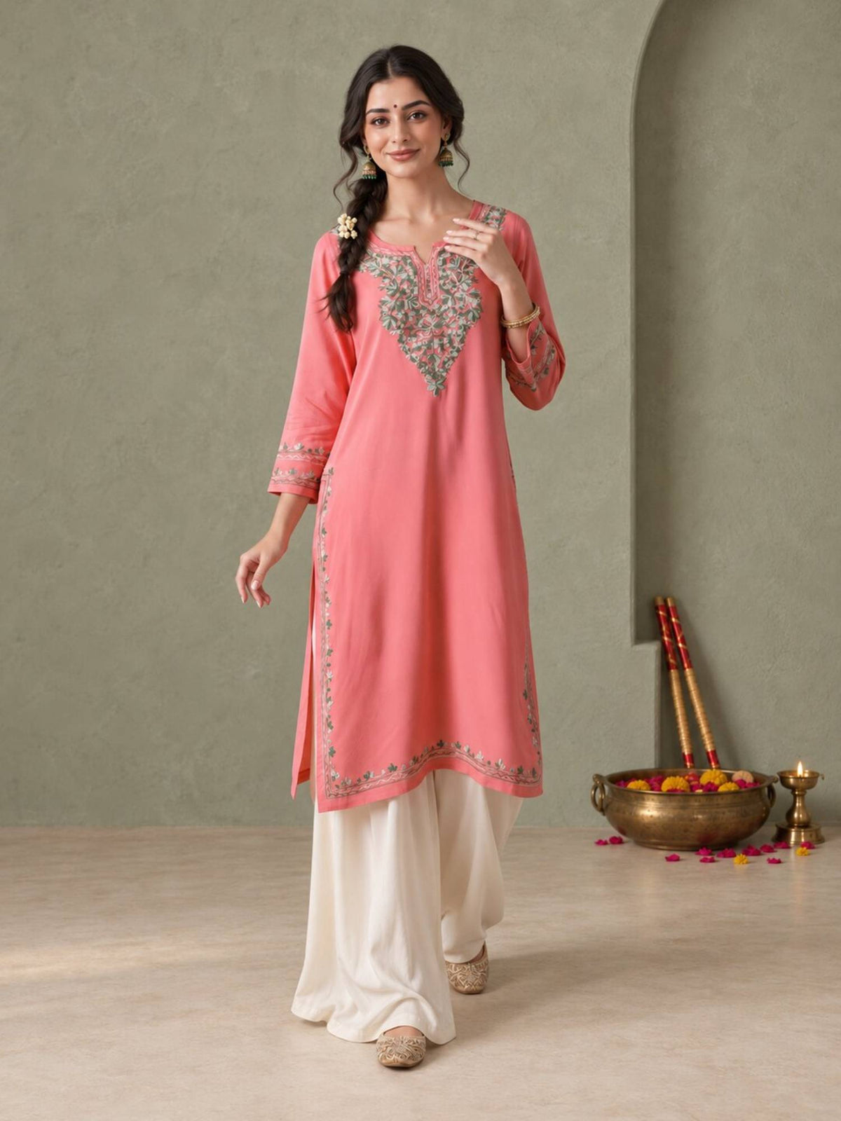 Women Aari Embroidered Viscose Rayon Keyhole Neck Kurta | U3S - view 12