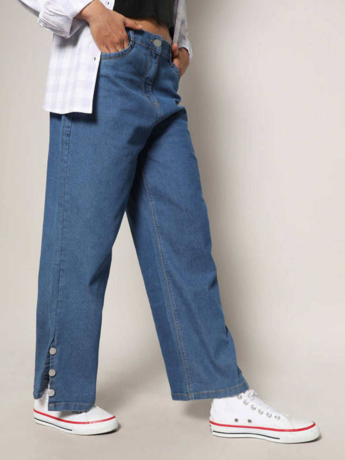 Womens Blue Mid Rise Baggy Denim Jeans | BG78 - view 1