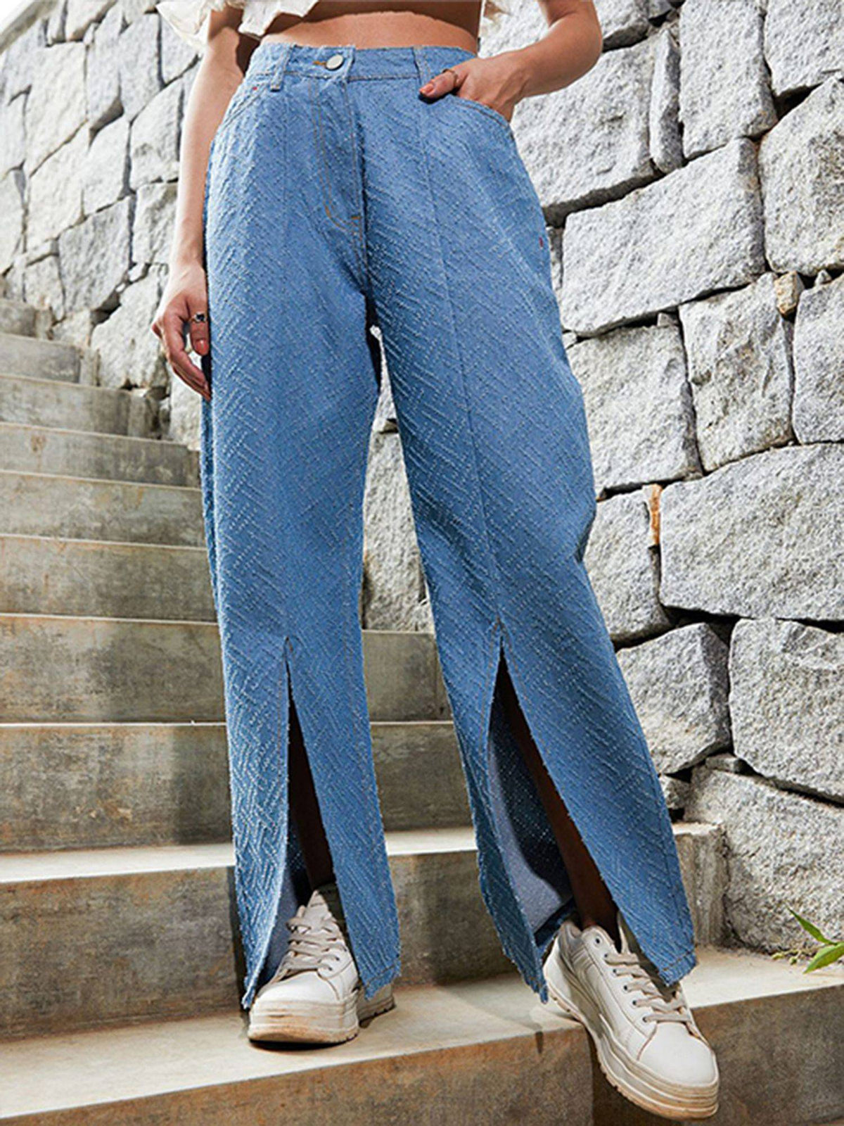 Women Sky Blue Weave-Distressed Denim Jeans | RF89 - view 1