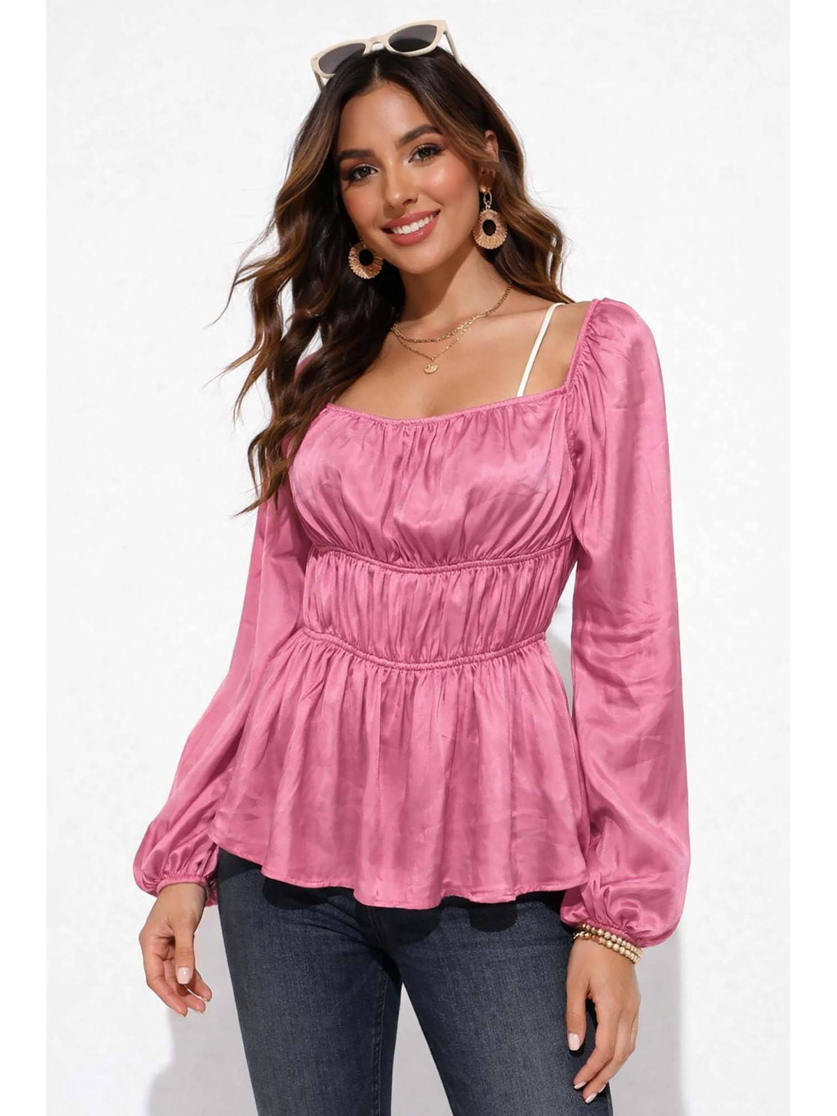 Women's Pink Square Neck Full Sleeve Smocked Peplum Top | pt51 - view 1