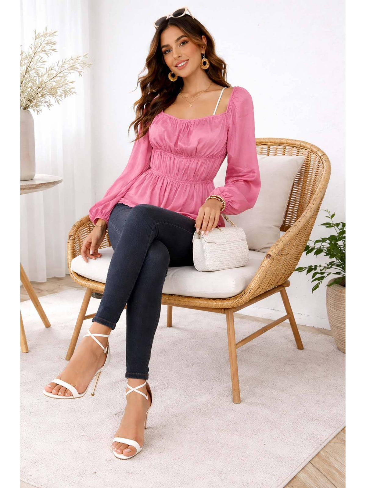 Women's Pink Square Neck Full Sleeve Smocked Peplum Top | pt51 - view 3