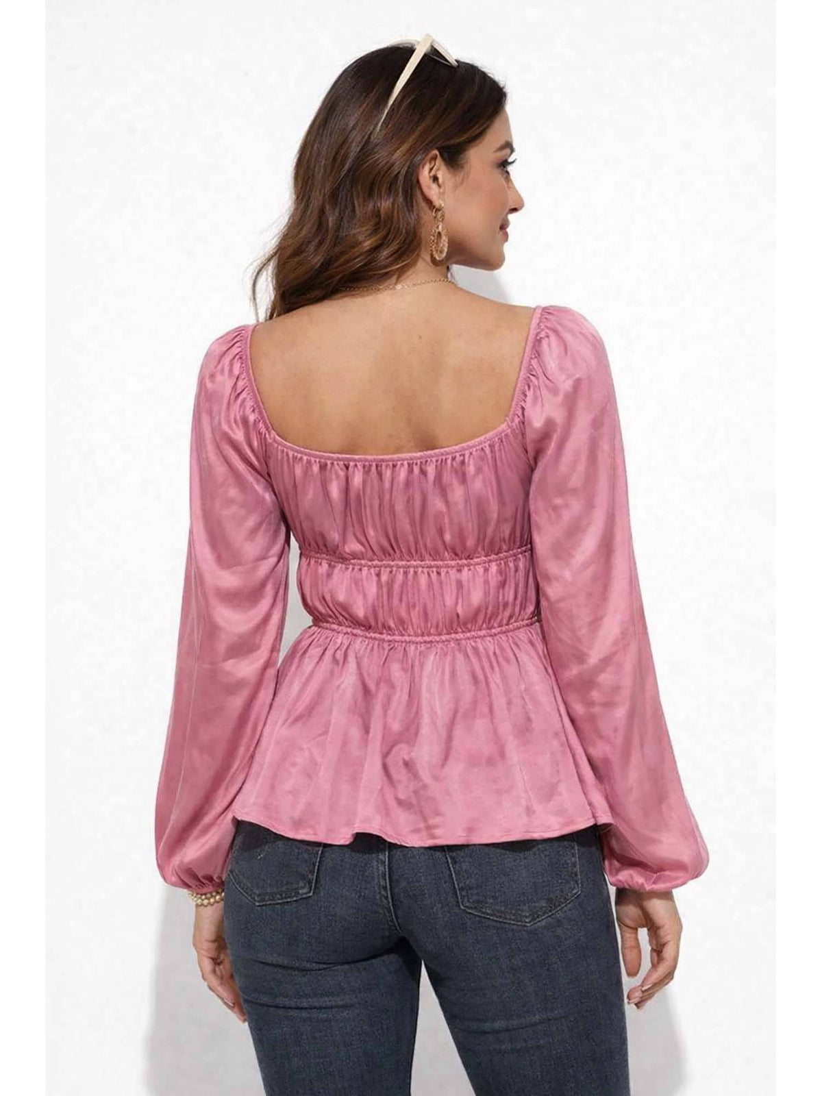 Women's Pink Square Neck Full Sleeve Smocked Peplum Top | pt51 - view 4