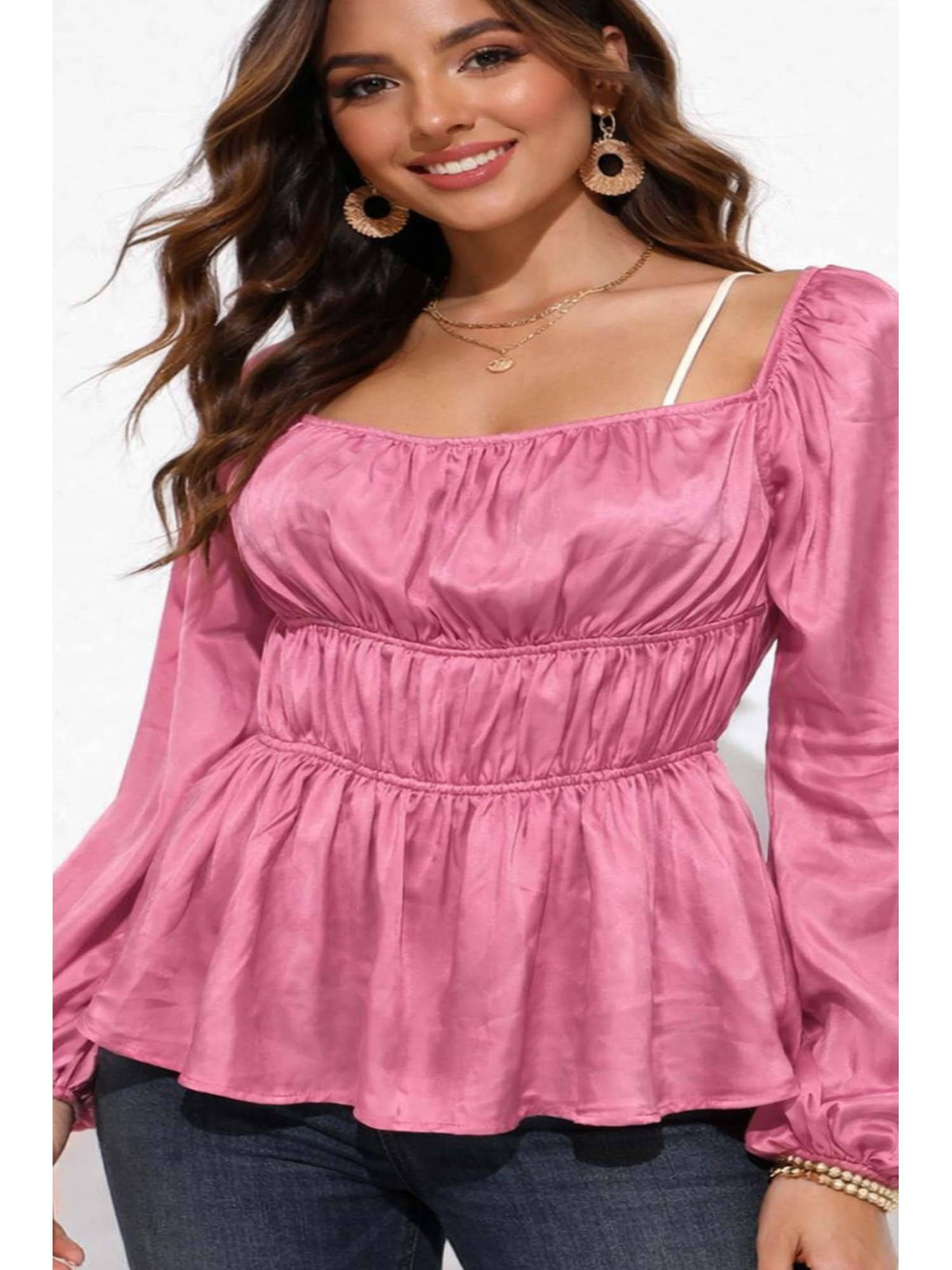 Women's Pink Square Neck Full Sleeve Smocked Peplum Top | pt51 - view 5