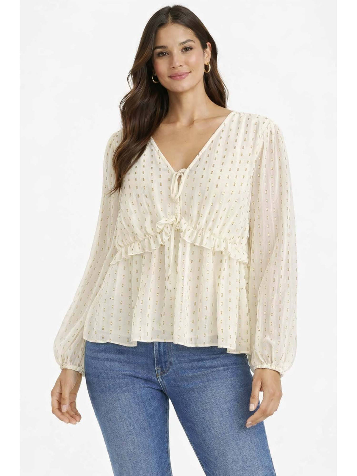 Women's Cream V-Neck Full Sleeve Tie-Up Peplum Top | pt51 - view 1