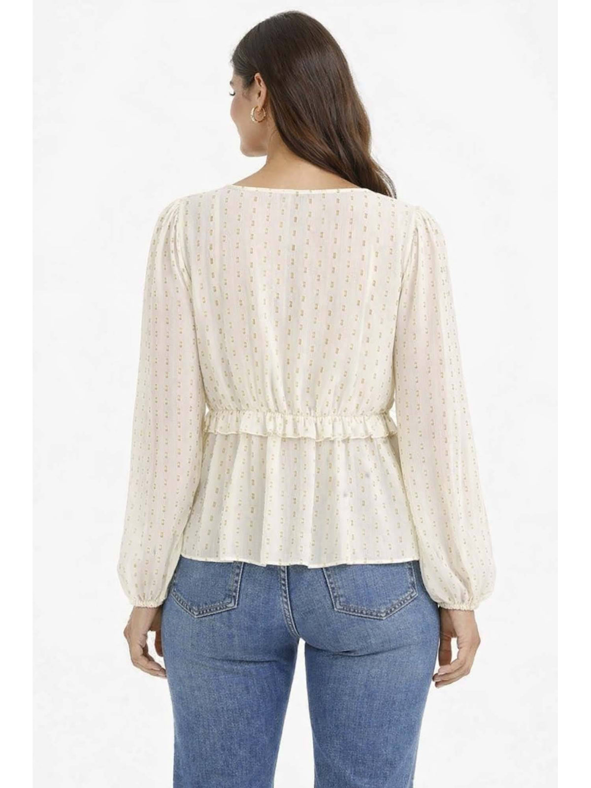Women's Cream V-Neck Full Sleeve Tie-Up Peplum Top | pt51 - view 2