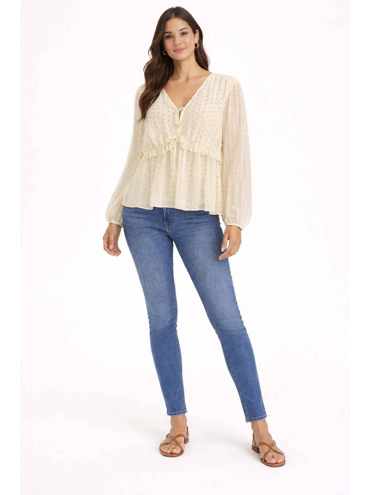 Women's Cream V-Neck Full Sleeve Tie-Up Peplum Top | pt51 - view 3