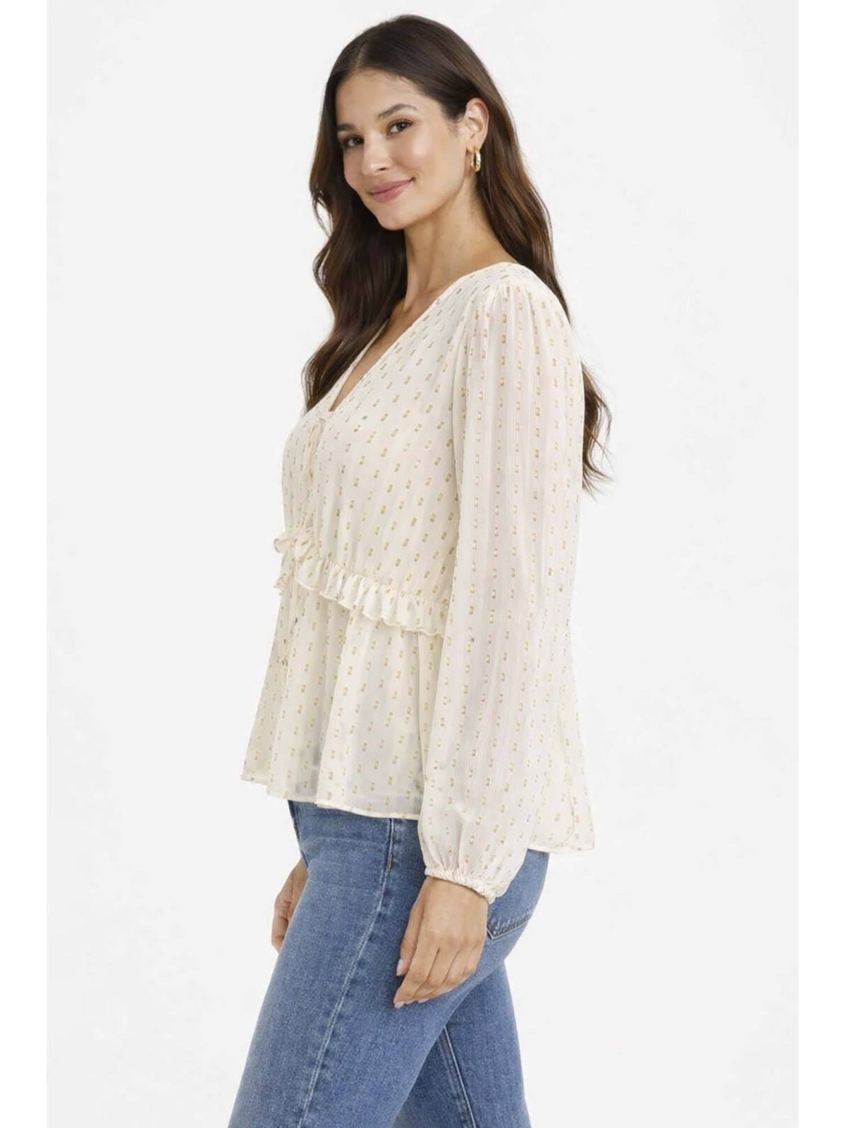 Women's Cream V-Neck Full Sleeve Tie-Up Peplum Top | pt51 - view 4