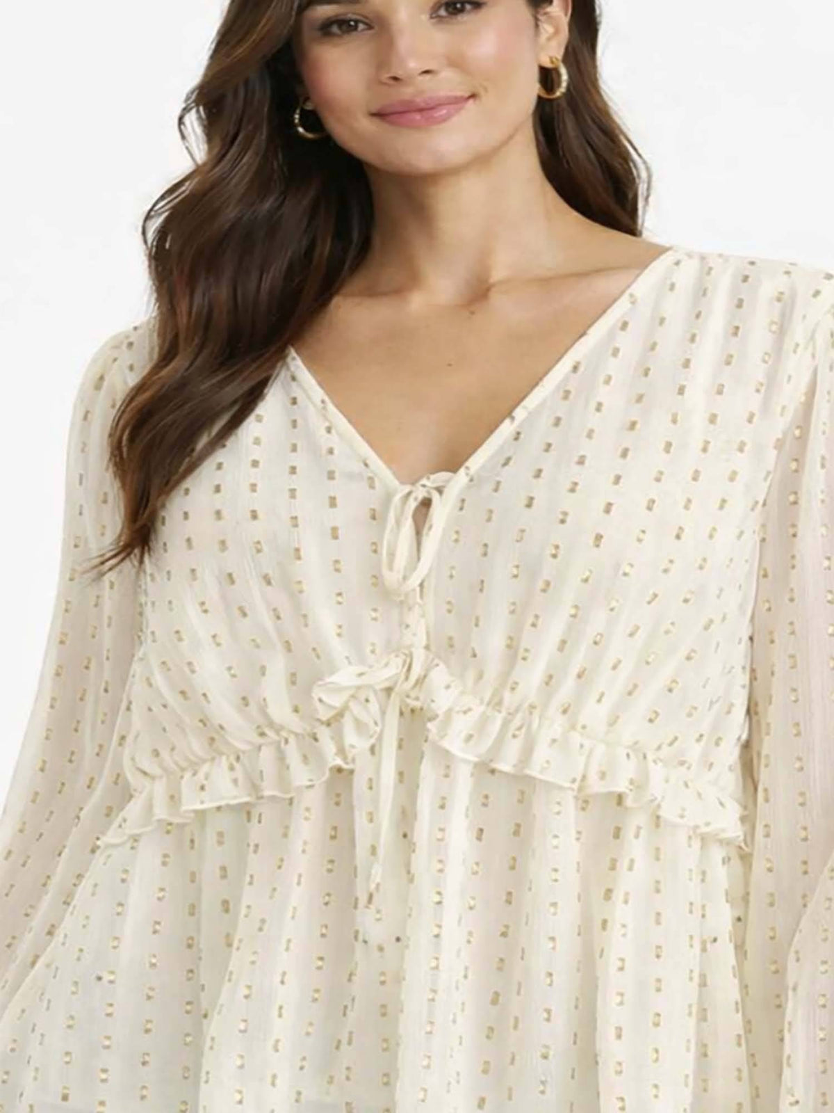 Women's Cream V-Neck Full Sleeve Tie-Up Peplum Top | pt51 - view 5