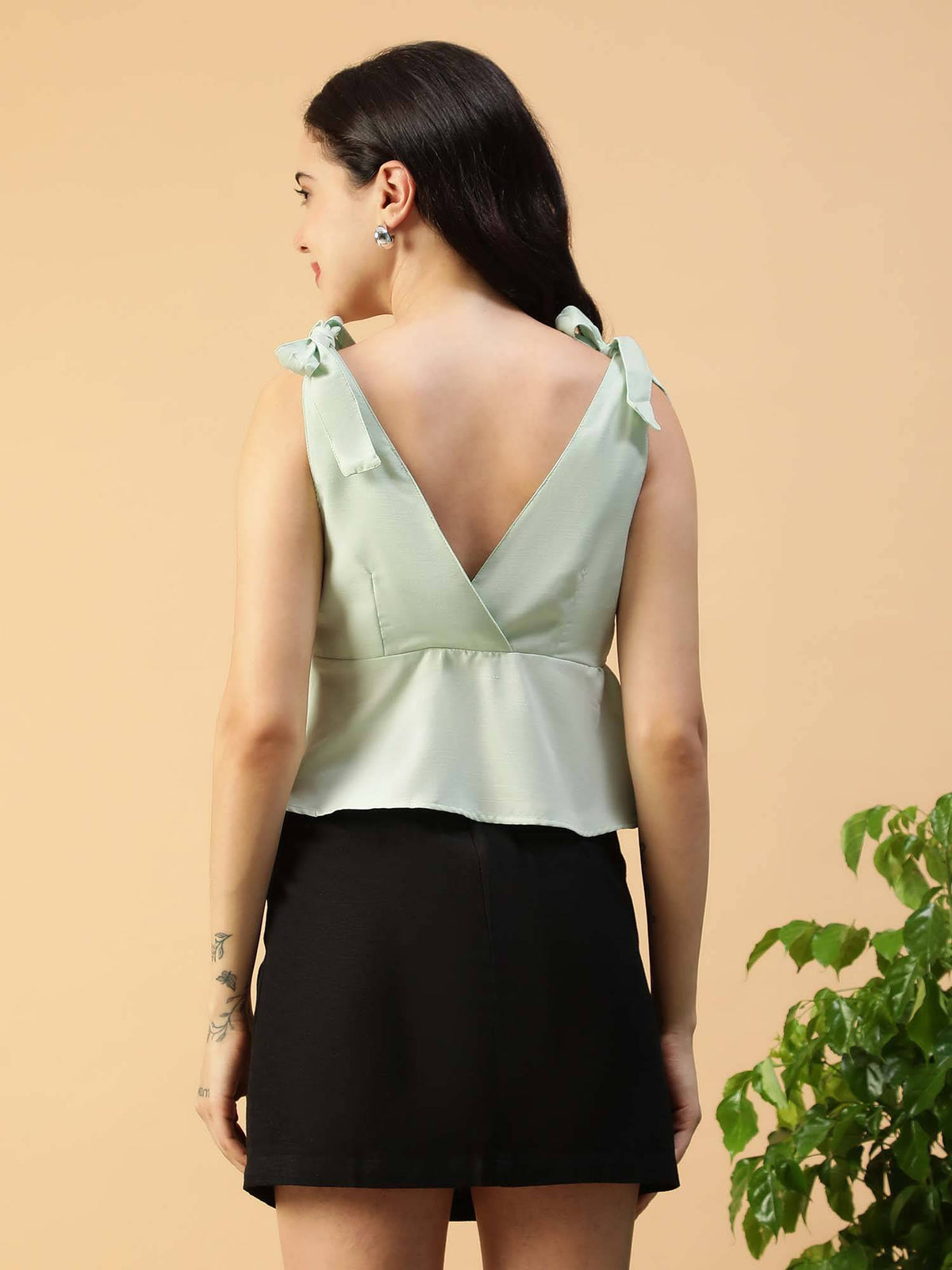 Women Solid Light Green V-Neck Tie-Up Detail Shoulder Strap Slub Fabric Peplum Top | pt51 - view 2