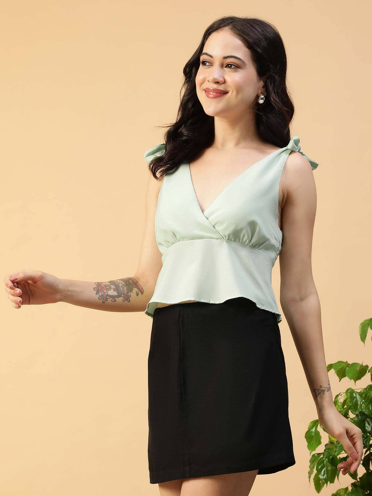Women Solid Light Green V-Neck Tie-Up Detail Shoulder Strap Slub Fabric Peplum Top | pt51 - view 3