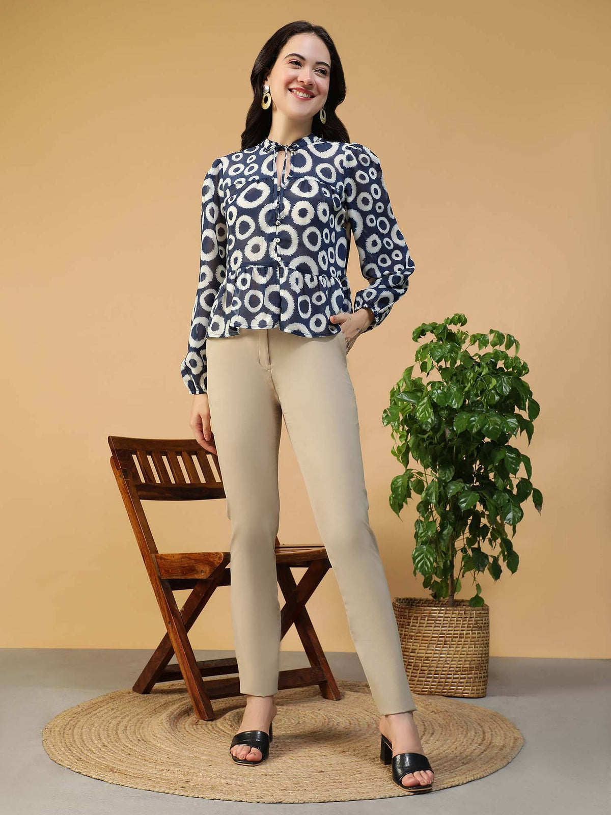 Blue Geometric Print Key Hole Neck With Tie-Up Detail Long Sleeve Peplum Top | pt51 - view 2