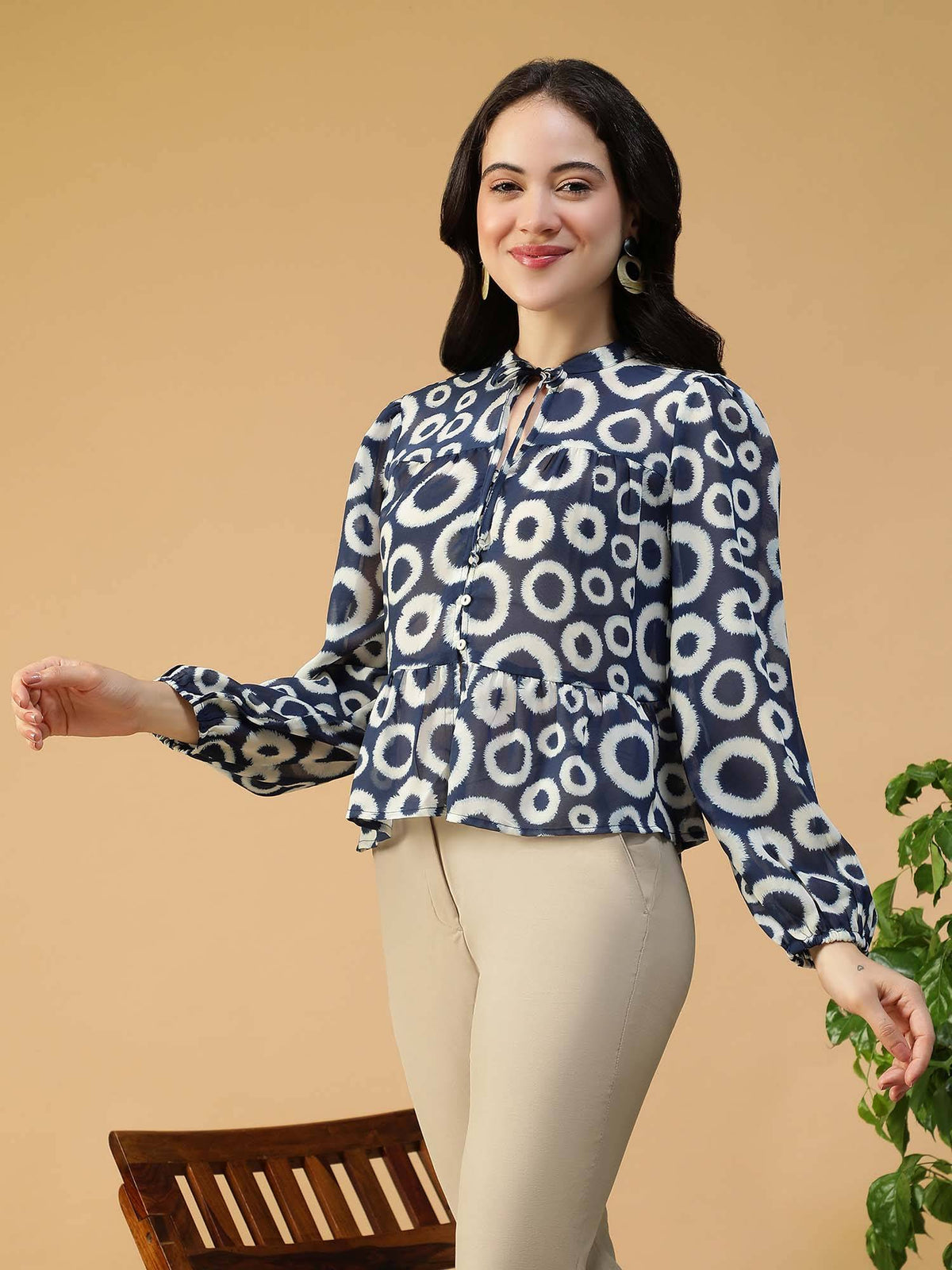 Blue Geometric Print Key Hole Neck With Tie-Up Detail Long Sleeve Peplum Top | pt51 - view 3