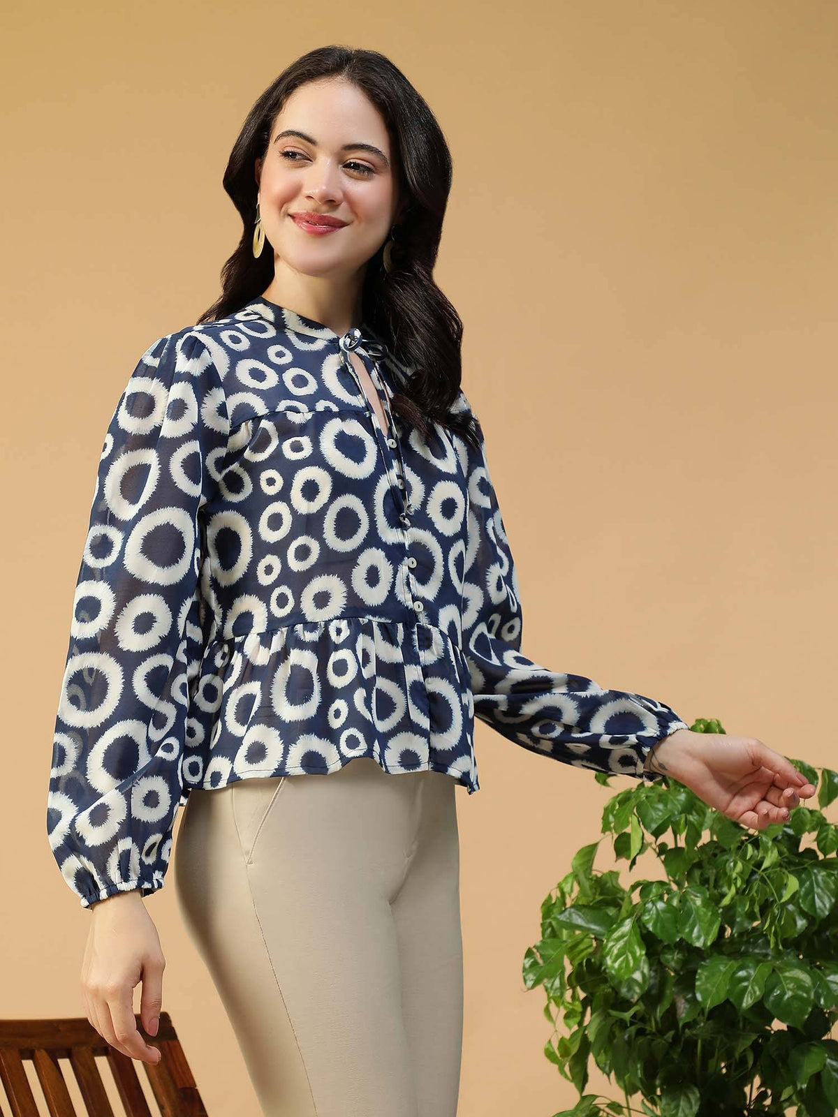 Blue Geometric Print Key Hole Neck With Tie-Up Detail Long Sleeve Peplum Top | pt51 - view 4