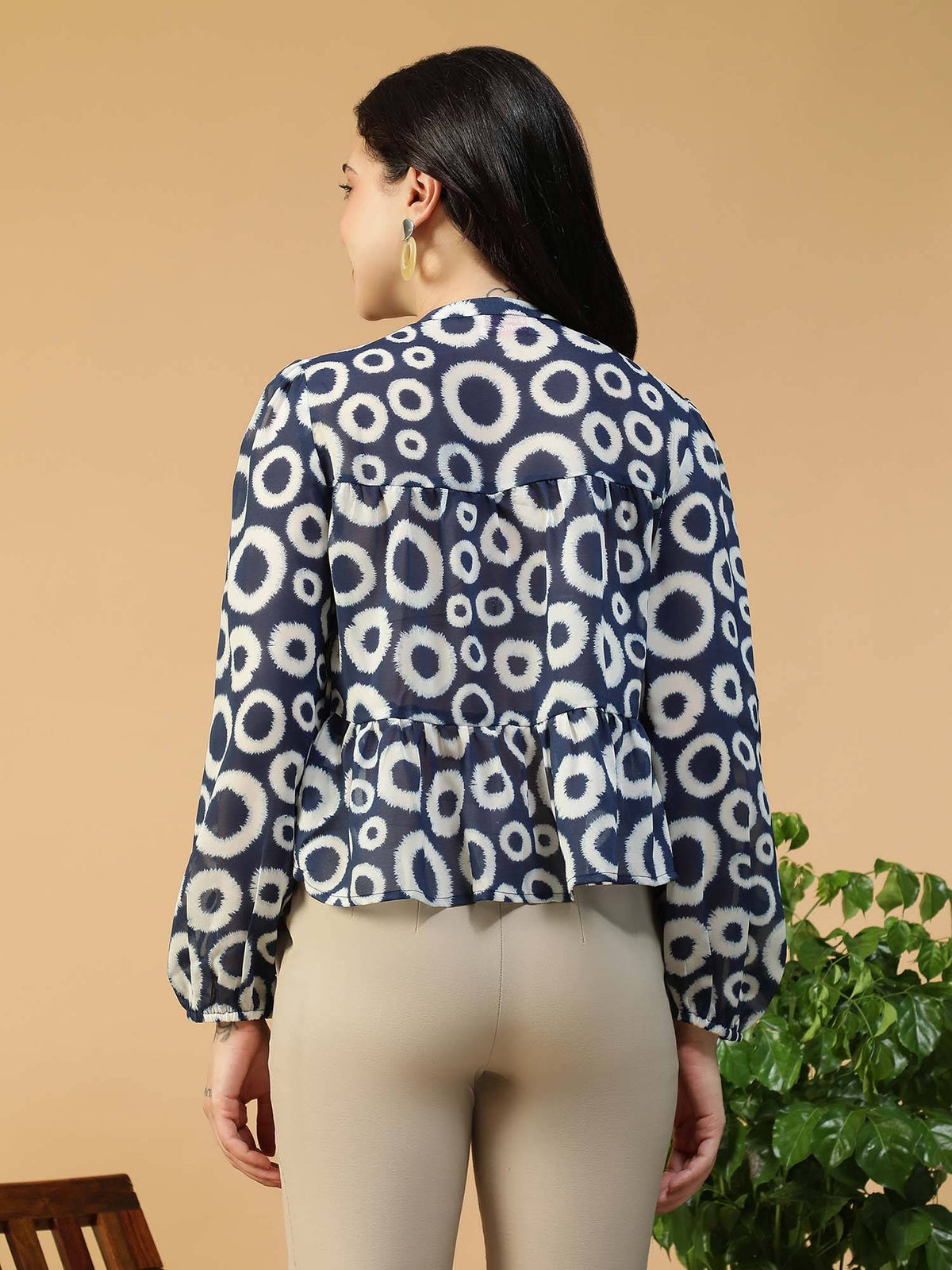 Blue Geometric Print Key Hole Neck With Tie-Up Detail Long Sleeve Peplum Top | pt51 - view 5