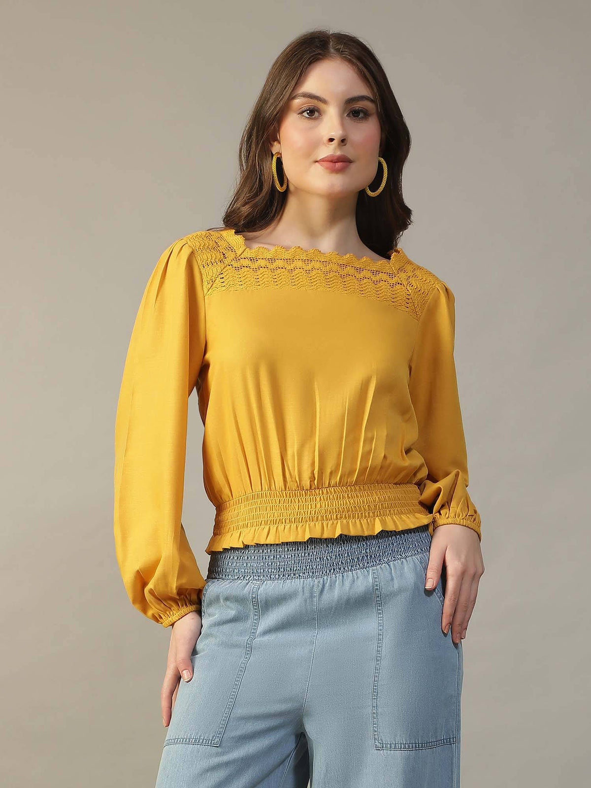 Women Yellow Square-Neck Long-Sleeve with Lace Peplum Top | pt51 - view 1