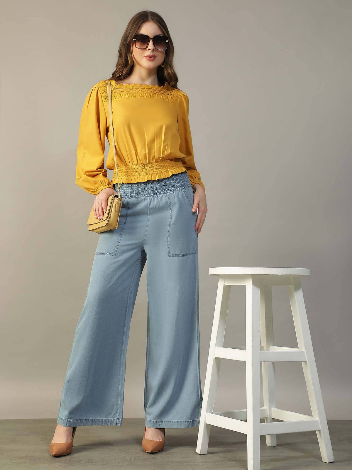 Women Yellow Square-Neck Long-Sleeve with Lace Peplum Top | pt51 - view 2