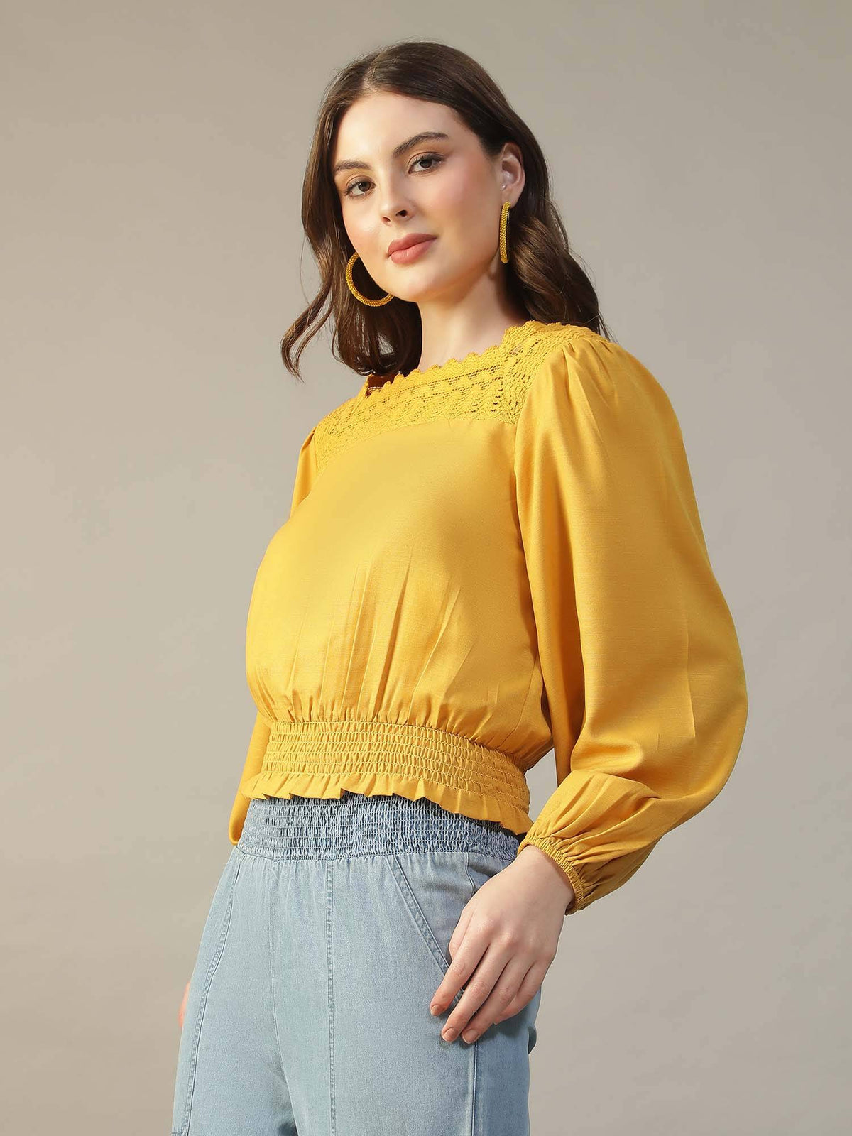 Women Yellow Square-Neck Long-Sleeve with Lace Peplum Top | pt51 - view 3