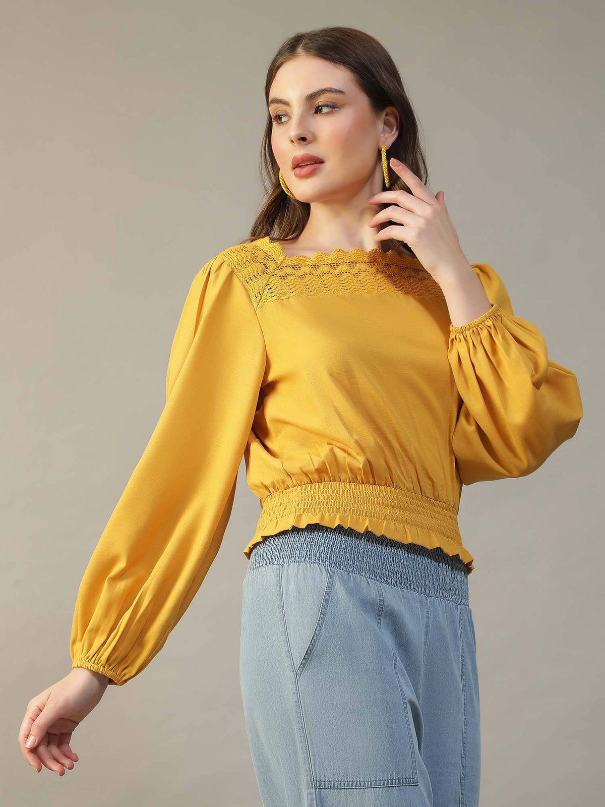 Women Yellow Square-Neck Long-Sleeve with Lace Peplum Top | pt51 - view 4
