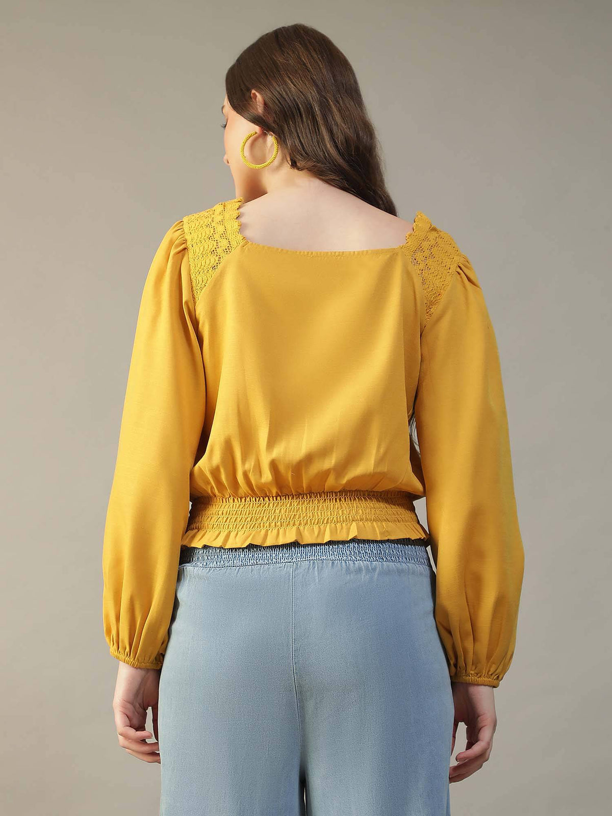 Women Yellow Square-Neck Long-Sleeve with Lace Peplum Top | pt51 - view 5