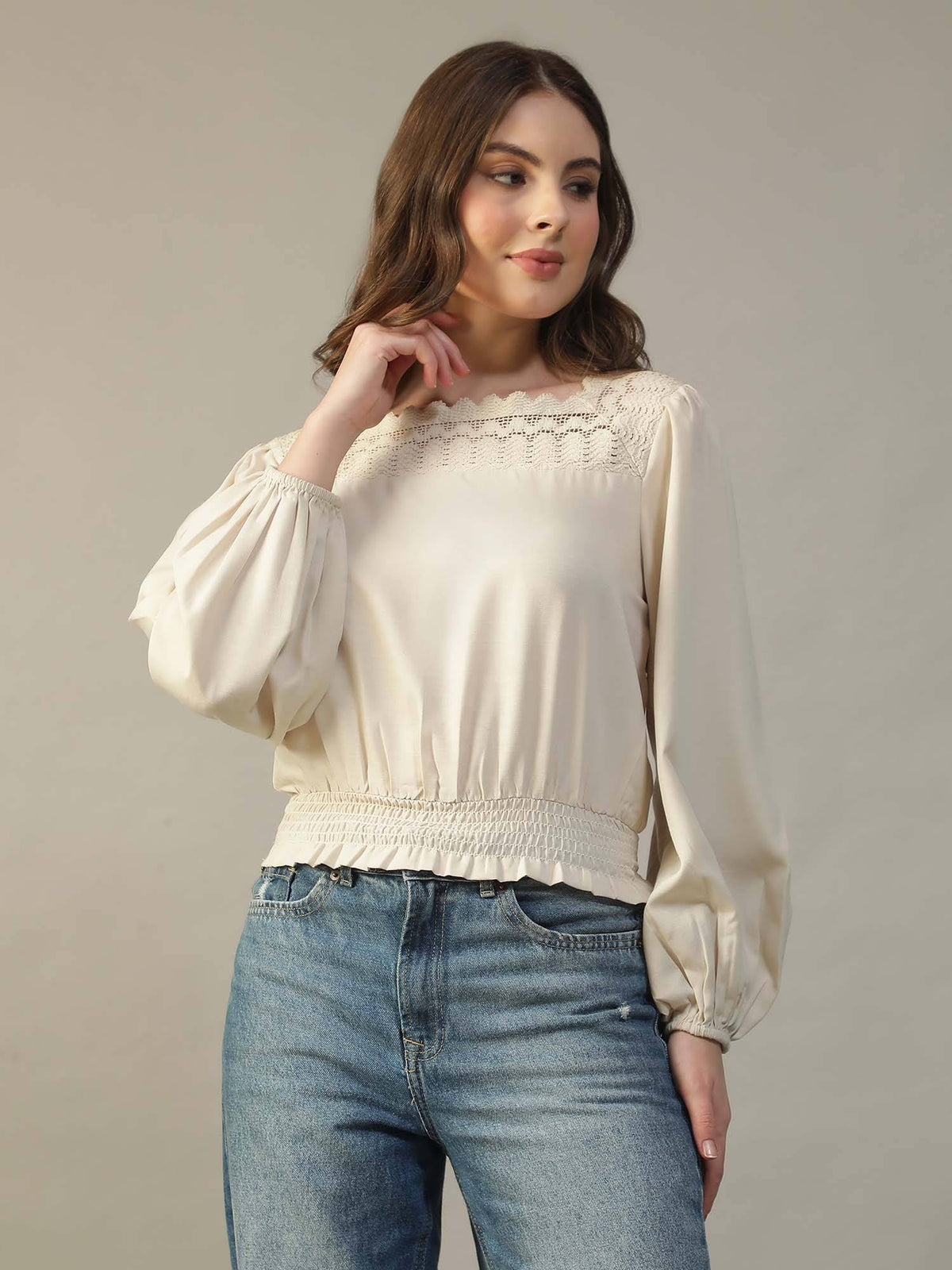 Women Yellow Square-Neck Long-Sleeve with Lace Peplum Top | pt51 - view 8