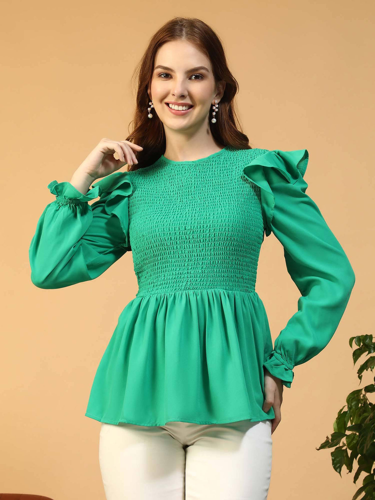 Women Green Round Neck Smocked and Ruffle Detail Long Poet Sleeve Peplum Top | pt51 - view 1