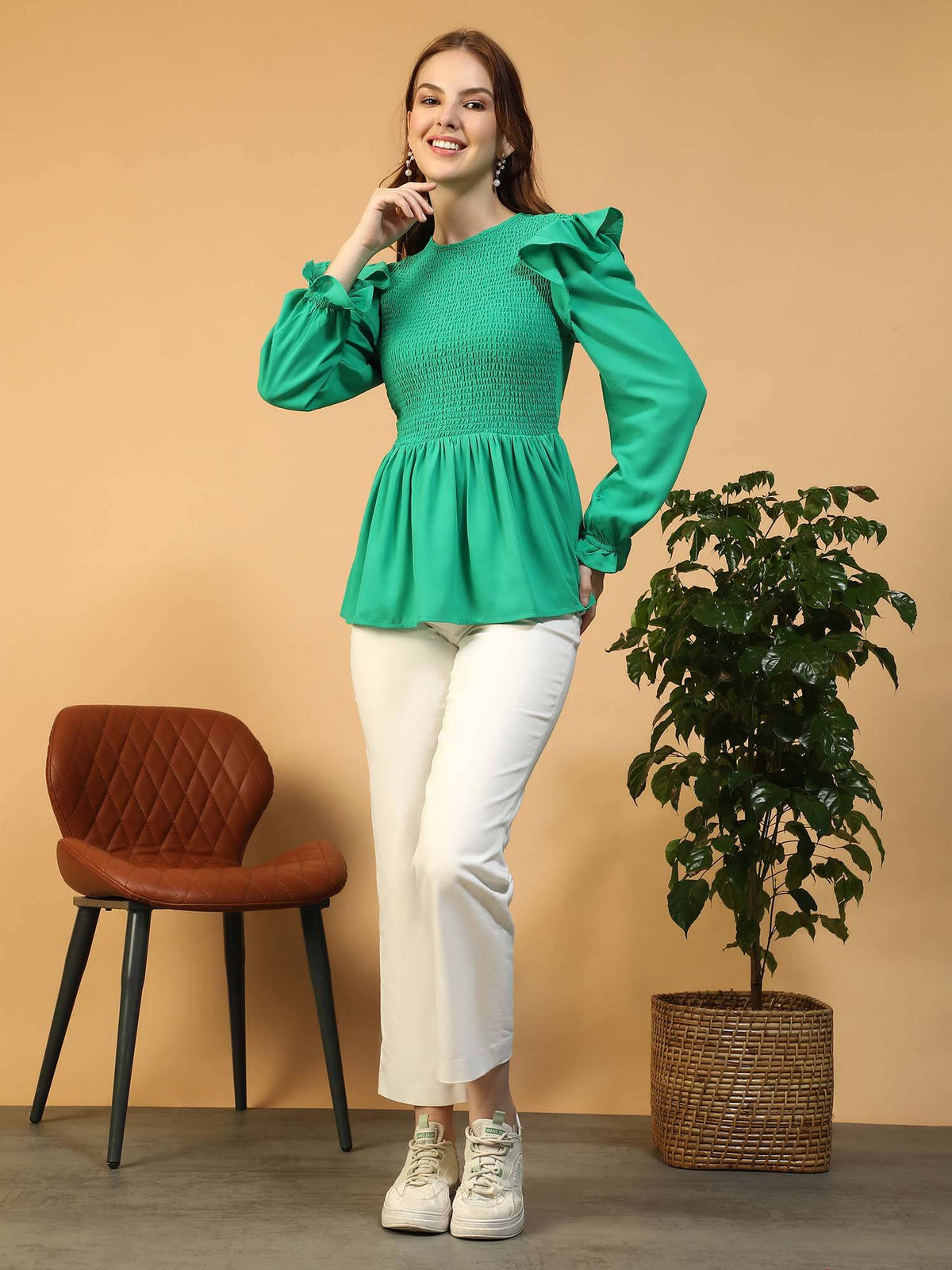 Women Green Round Neck Smocked and Ruffle Detail Long Poet Sleeve Peplum Top | pt51 - view 2