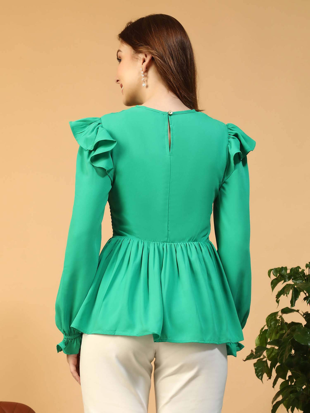 Women Green Round Neck Smocked and Ruffle Detail Long Poet Sleeve Peplum Top | pt51 - view 5