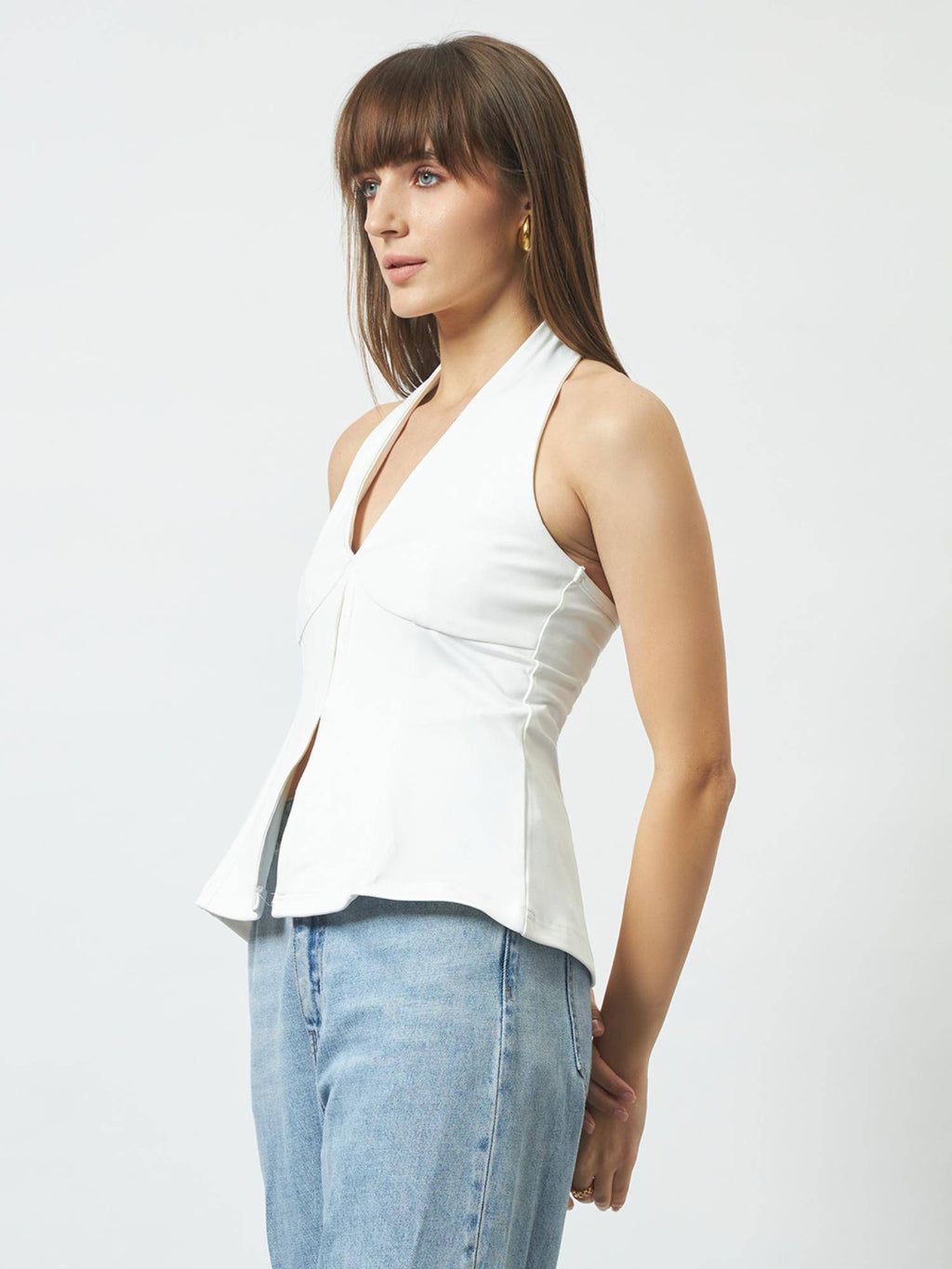 White Halter Neck Peplum Top | HT67 - view 3