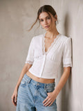 White V Neck Scalloped Lace Button Down Crop Top | CT61 - view 1