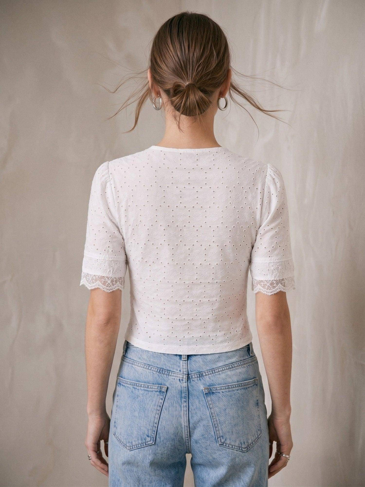 White V Neck Scalloped Lace Button Down Crop Top | CT61 - view 5