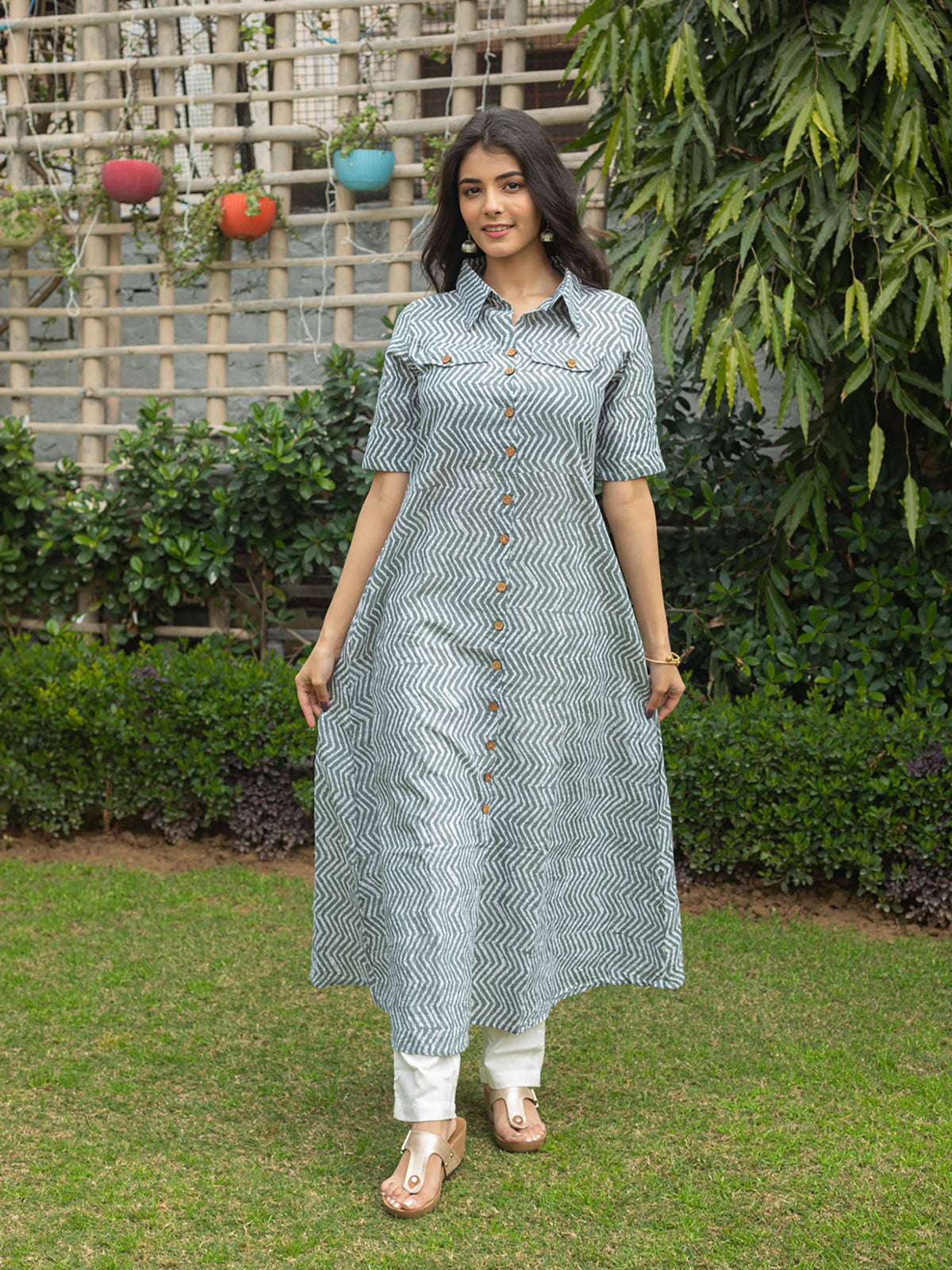 Cotton Zig Zag Printed A-Line Kurta-Multi-Color | KDG - view 1